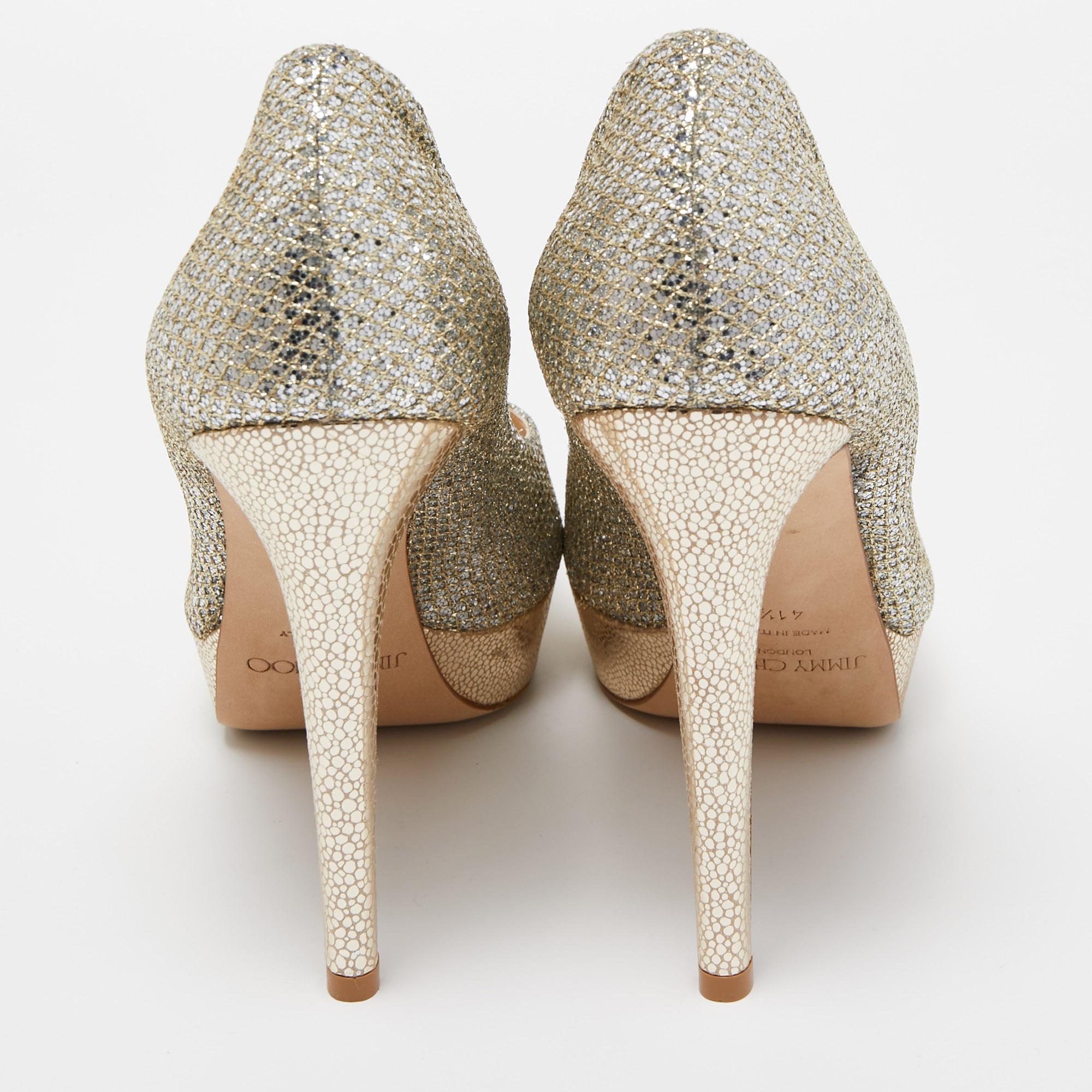 Beige Jimmy Choo Gold/Silver Glitter and Leather Dahlia Peep Toe Pumps Size 41.5