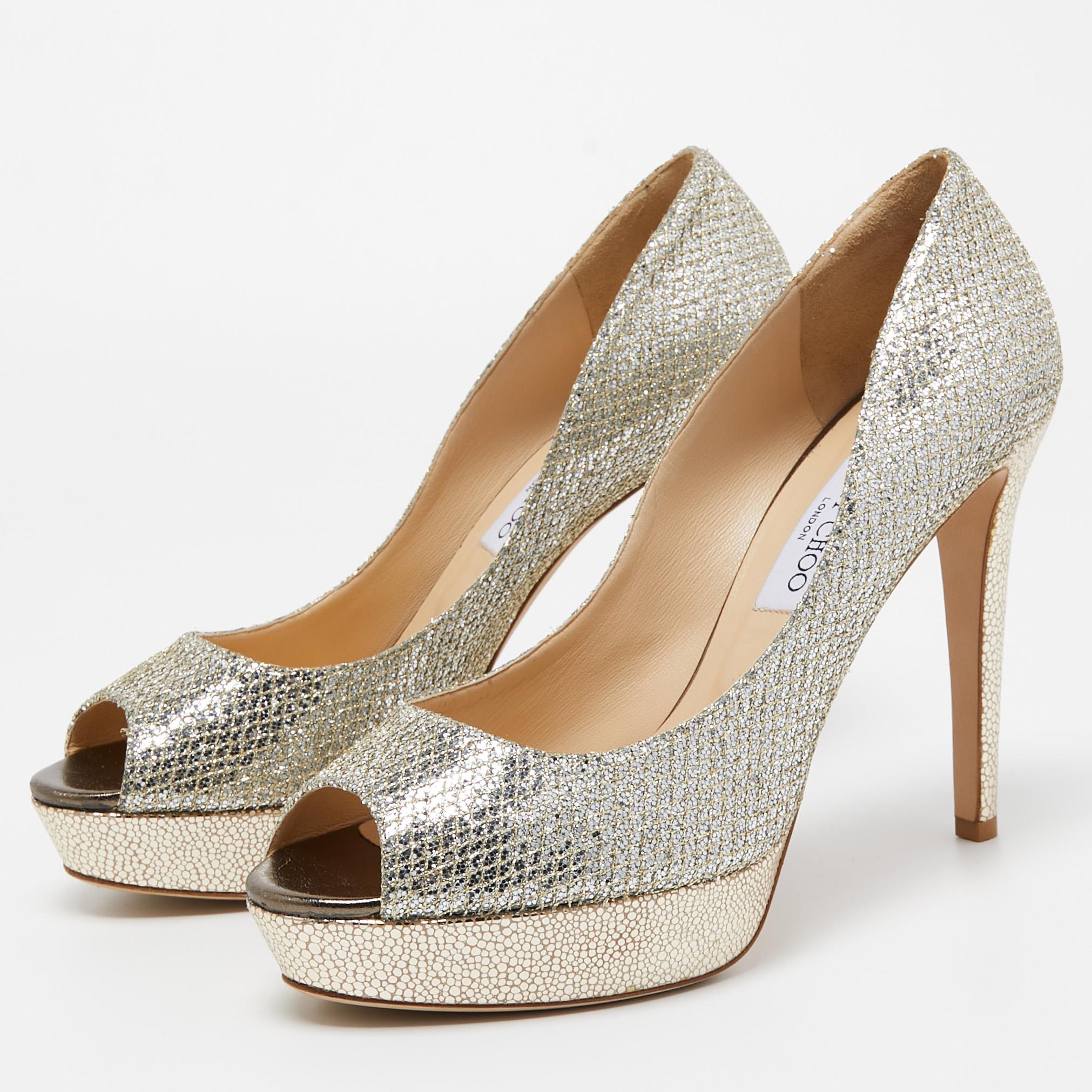 Jimmy Choo Gold/Silver Glitter and Leather Dahlia Peep Toe Pumps Size 41.5 In Excellent Condition In Dubai, Al Qouz 2