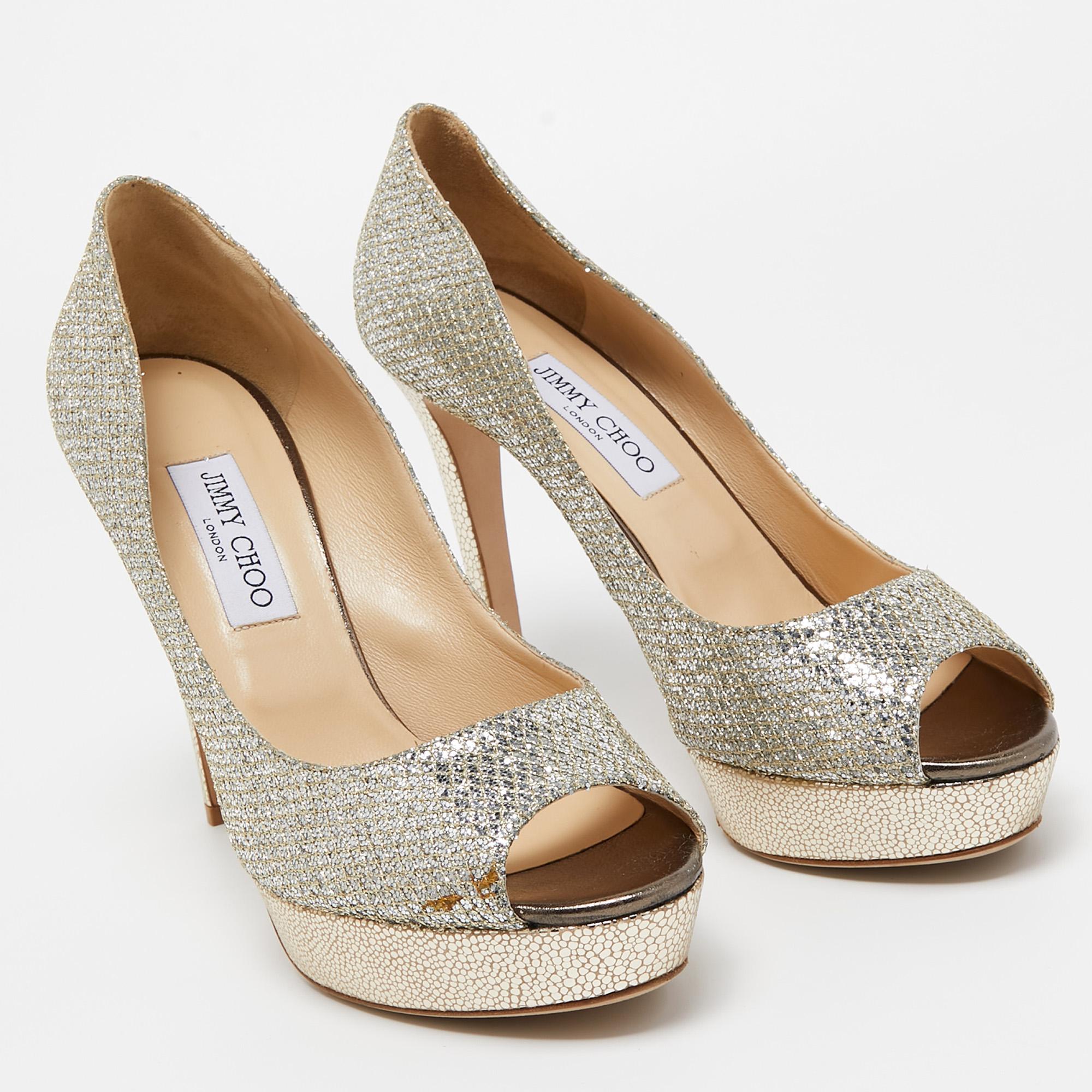 Women's Jimmy Choo Gold/Silver Glitter and Leather Dahlia Peep Toe Pumps Size 41.5