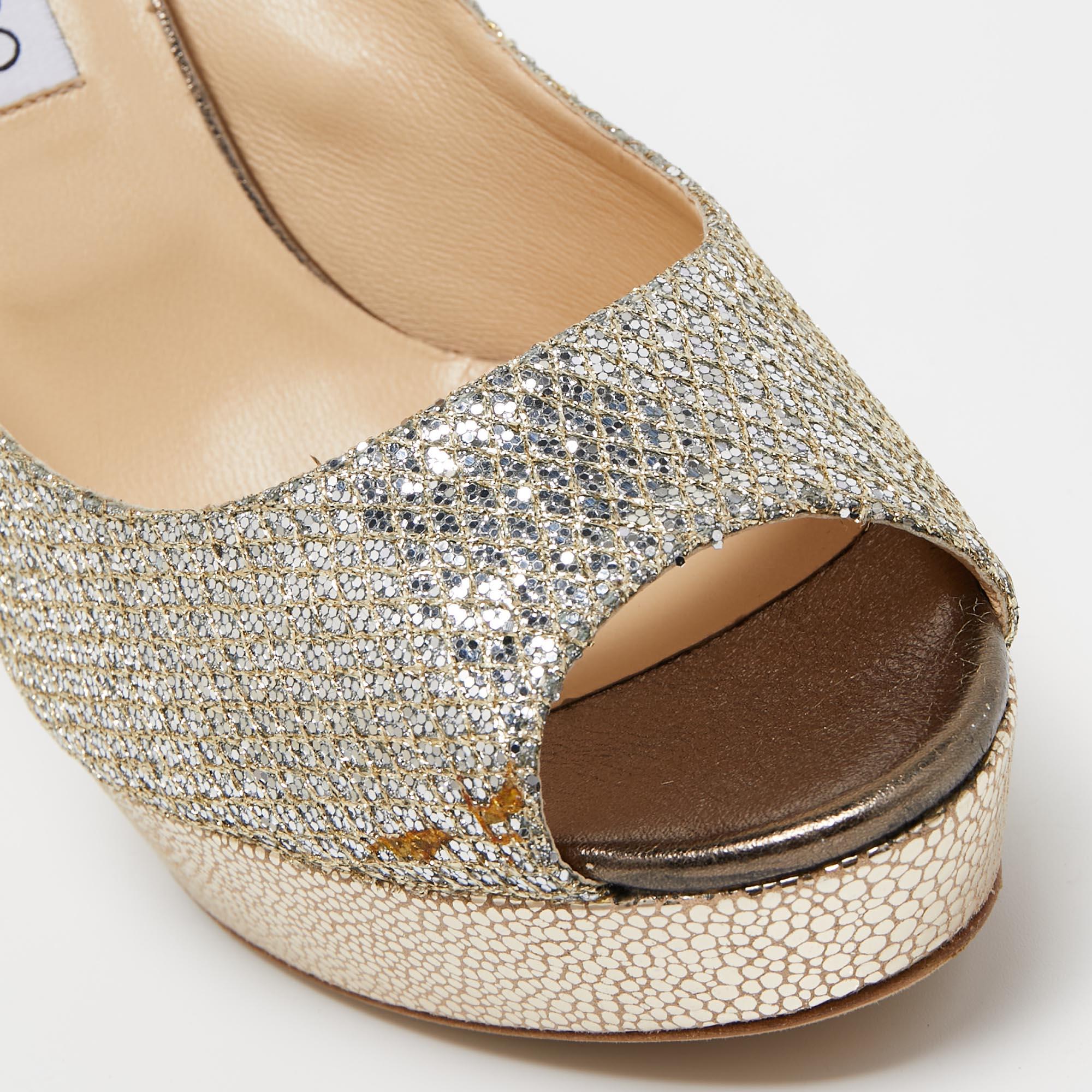 Jimmy Choo Gold/Silver Glitter and Leather Dahlia Peep Toe Pumps Size 41.5 1
