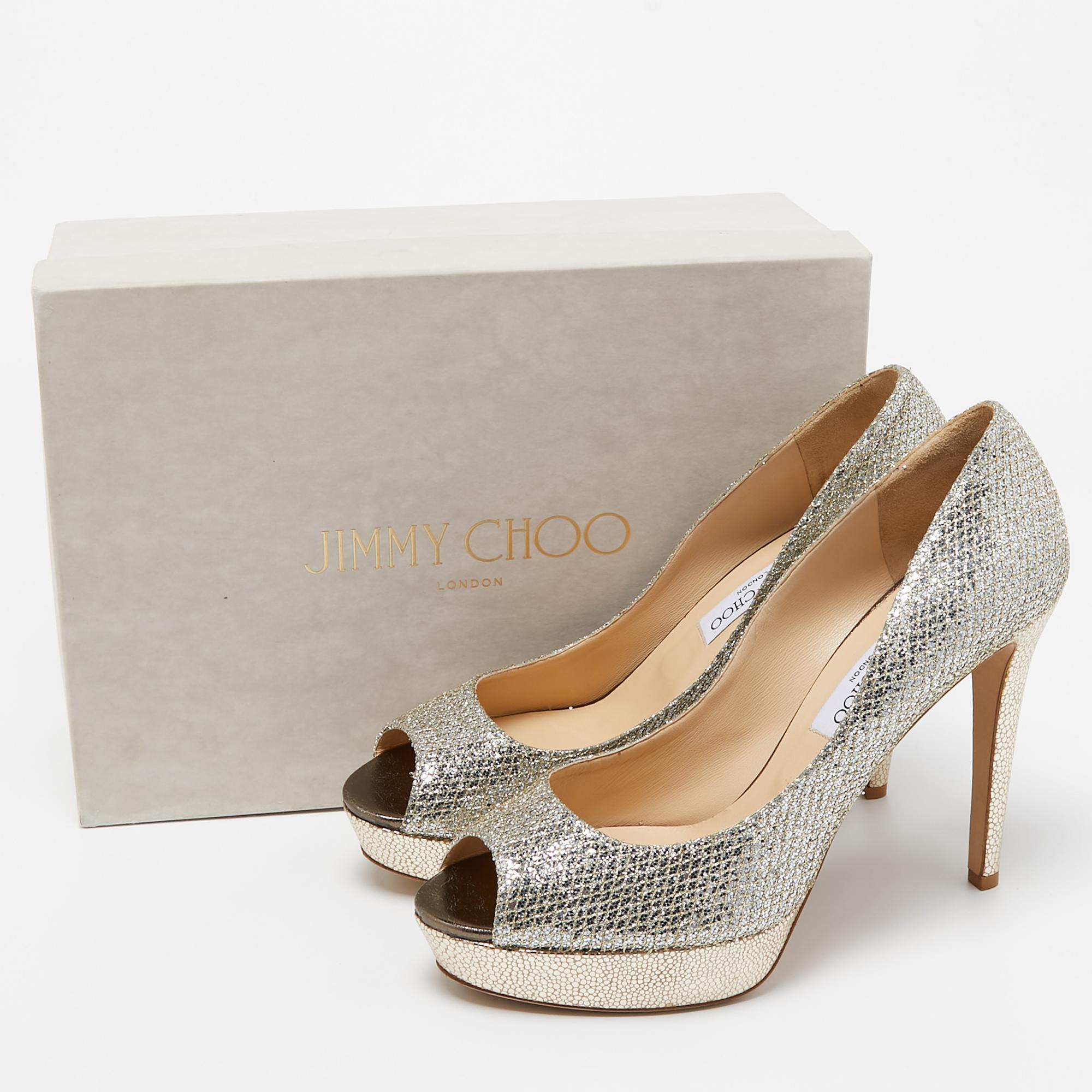 Jimmy Choo Gold/Silver Glitter and Leather Dahlia Peep Toe Pumps Size 41.5 3