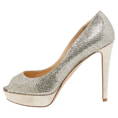 Jimmy Choo Gold/Silver Glitter and Leather Dahlia Peep Toe Pumps Size 41.5