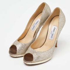 Jimmy Choo Gold/Silver Glitter and Leather Luna Peep Toe Pumps Size 38.5