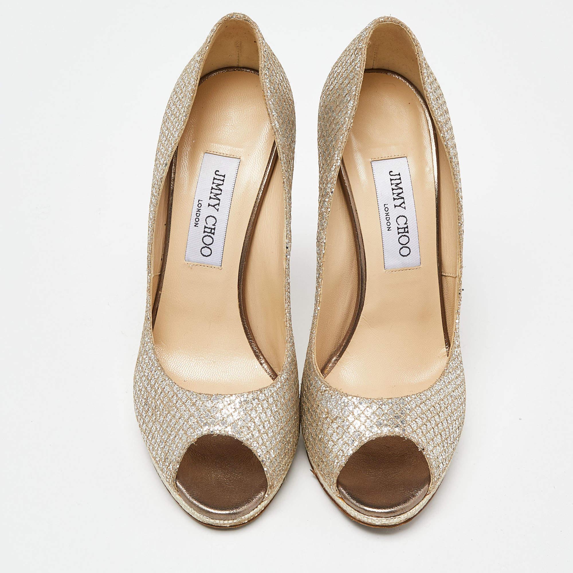 Beige Jimmy Choo Gold/Silver Glitter and Leather Luna Peep Toe Pumps Size 38.5 For Sale