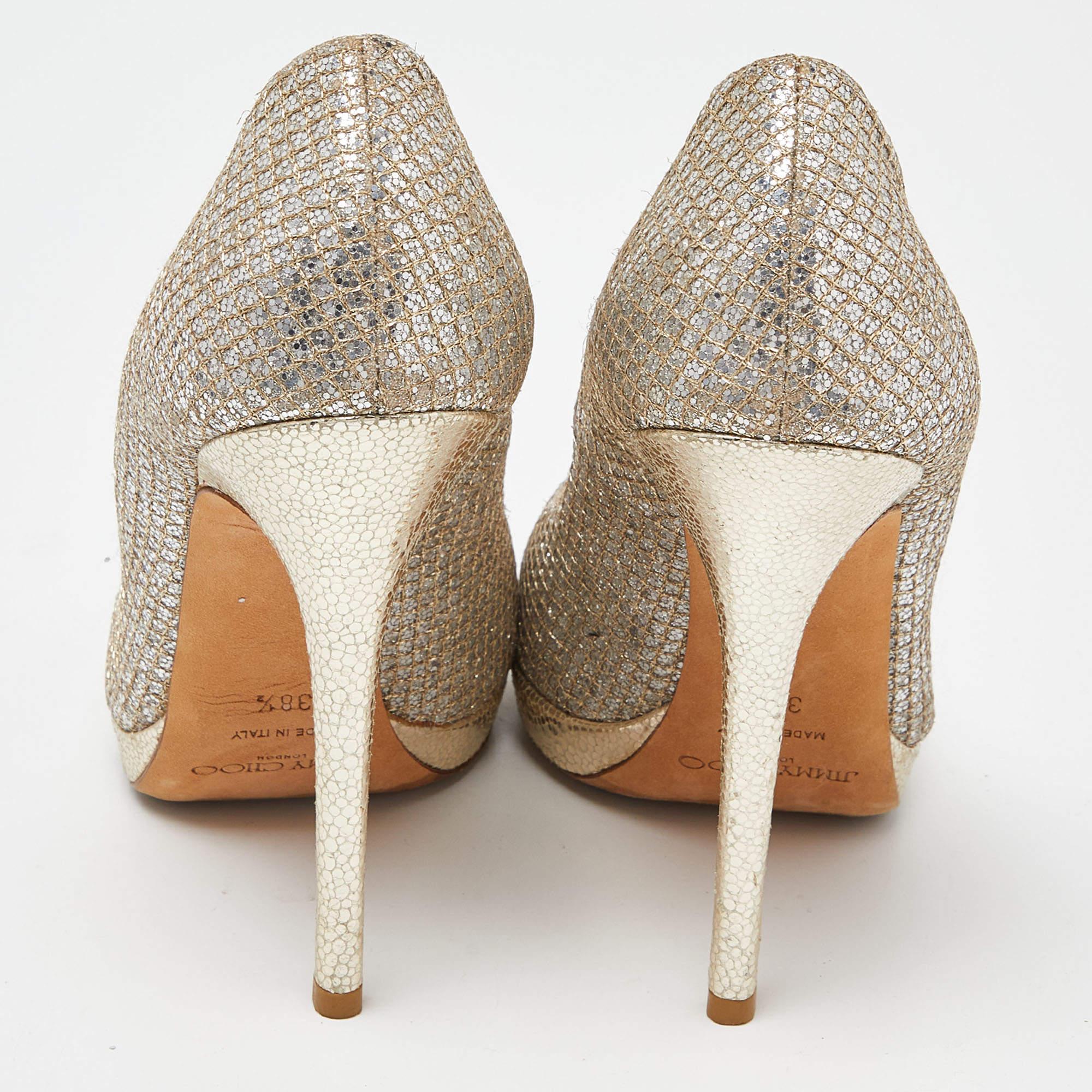 Women's Jimmy Choo Gold/Silver Glitter and Leather Luna Peep Toe Pumps Size 38.5 For Sale