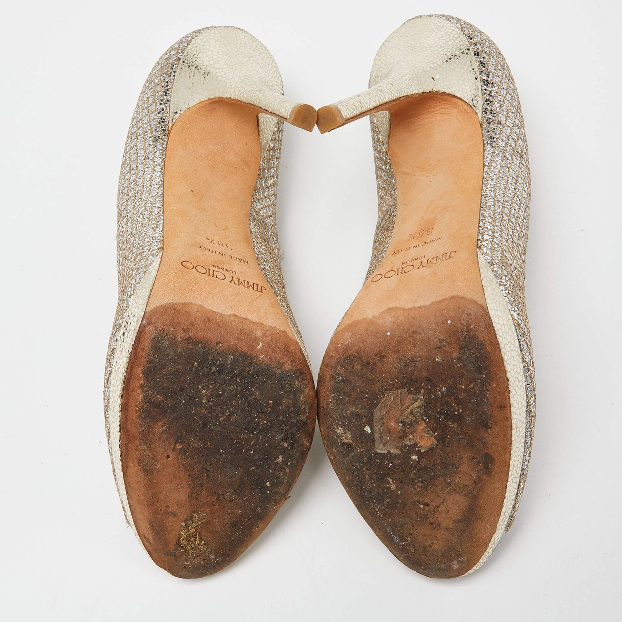 Jimmy Choo Gold/Silver Glitter and Leather Luna Peep Toe Pumps Size 38.5 For Sale 1