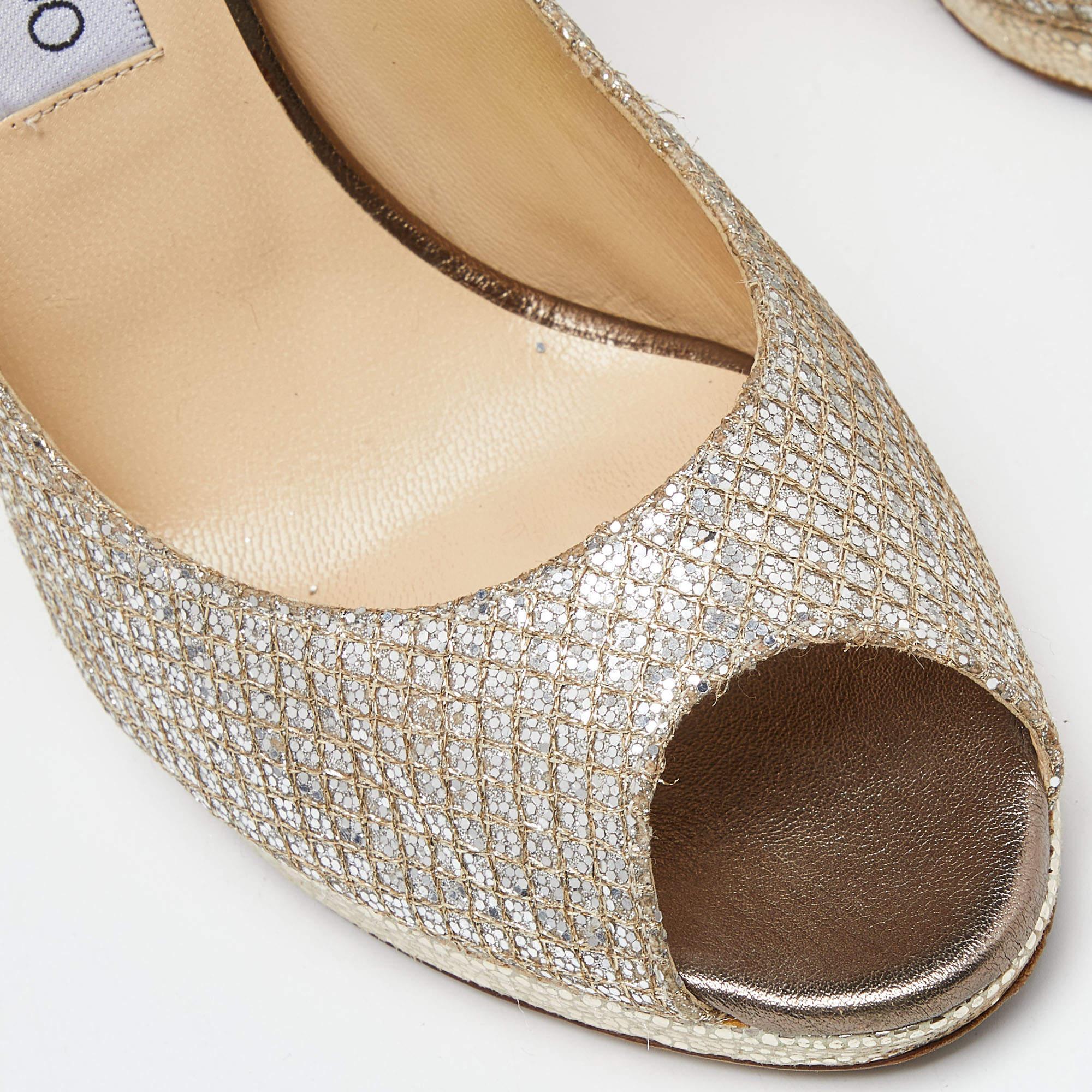 Jimmy Choo Gold/Silver Glitter and Leather Luna Peep Toe Pumps Size 38.5 For Sale 2