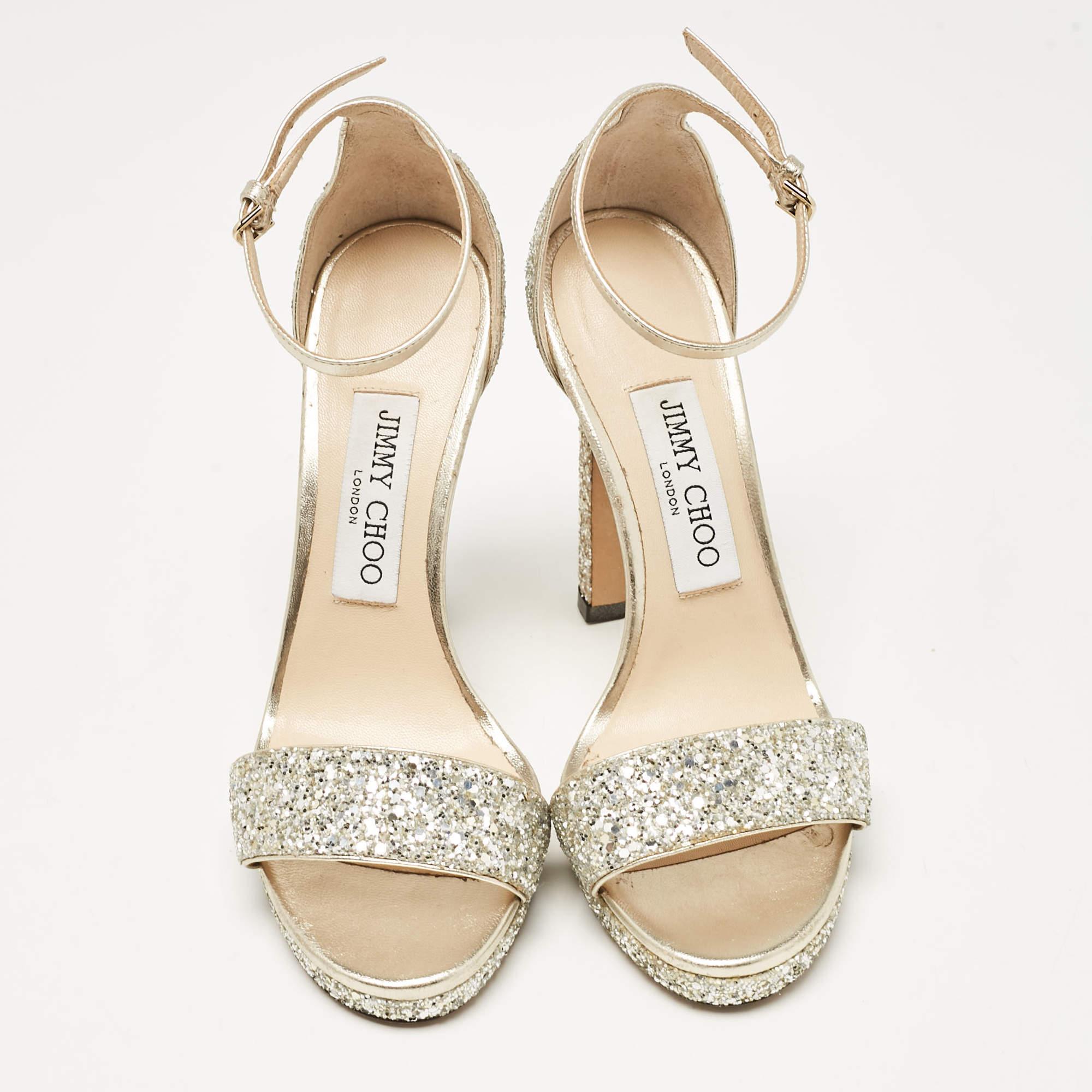 Beige Jimmy Choo Gold/Silver Glitter and Leather Misty Ankle Strap Sandals Size 36 For Sale