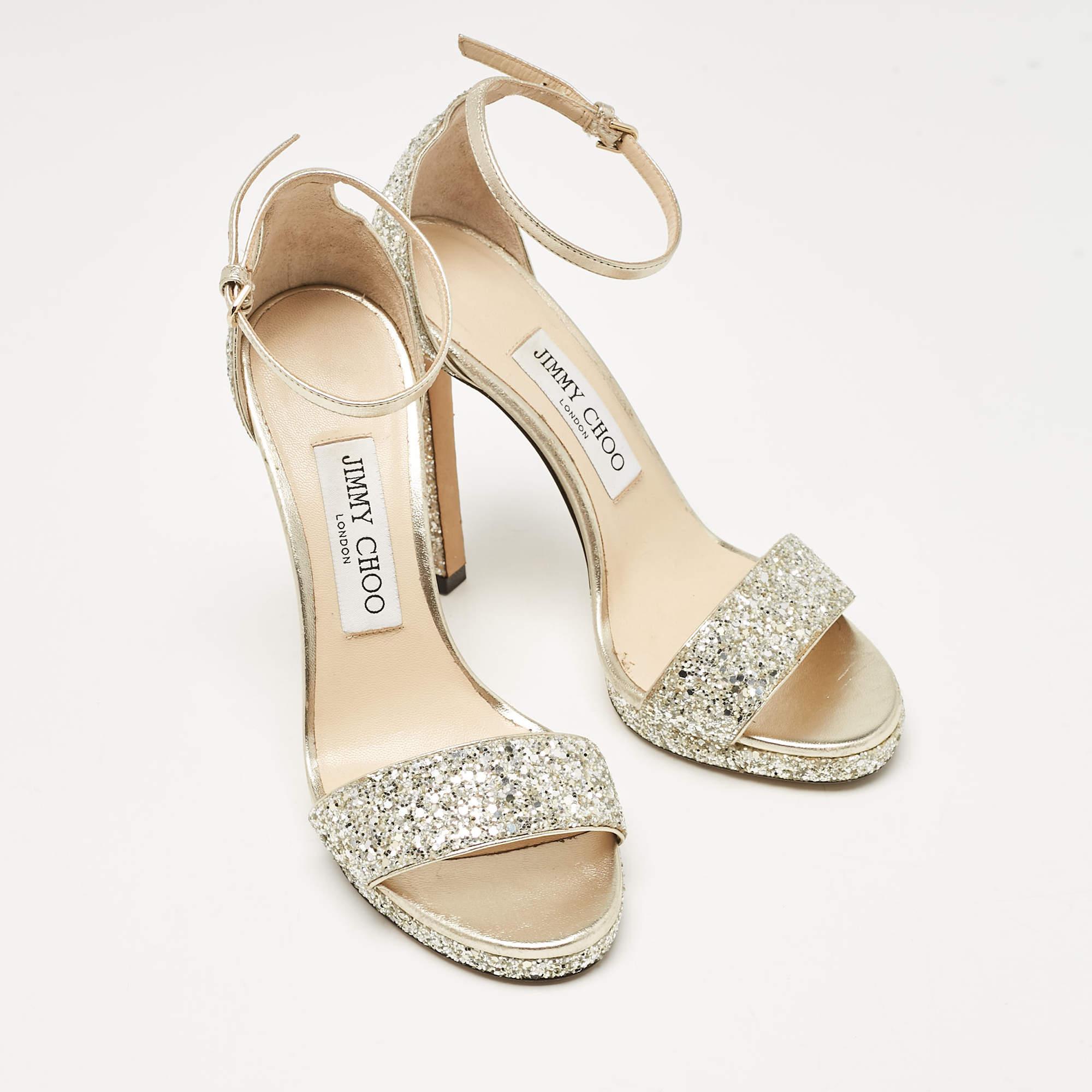 Jimmy Choo Gold/Silver Glitter and Leather Misty Ankle Strap Sandals Size 36 In Fair Condition For Sale In Dubai, Al Qouz 2