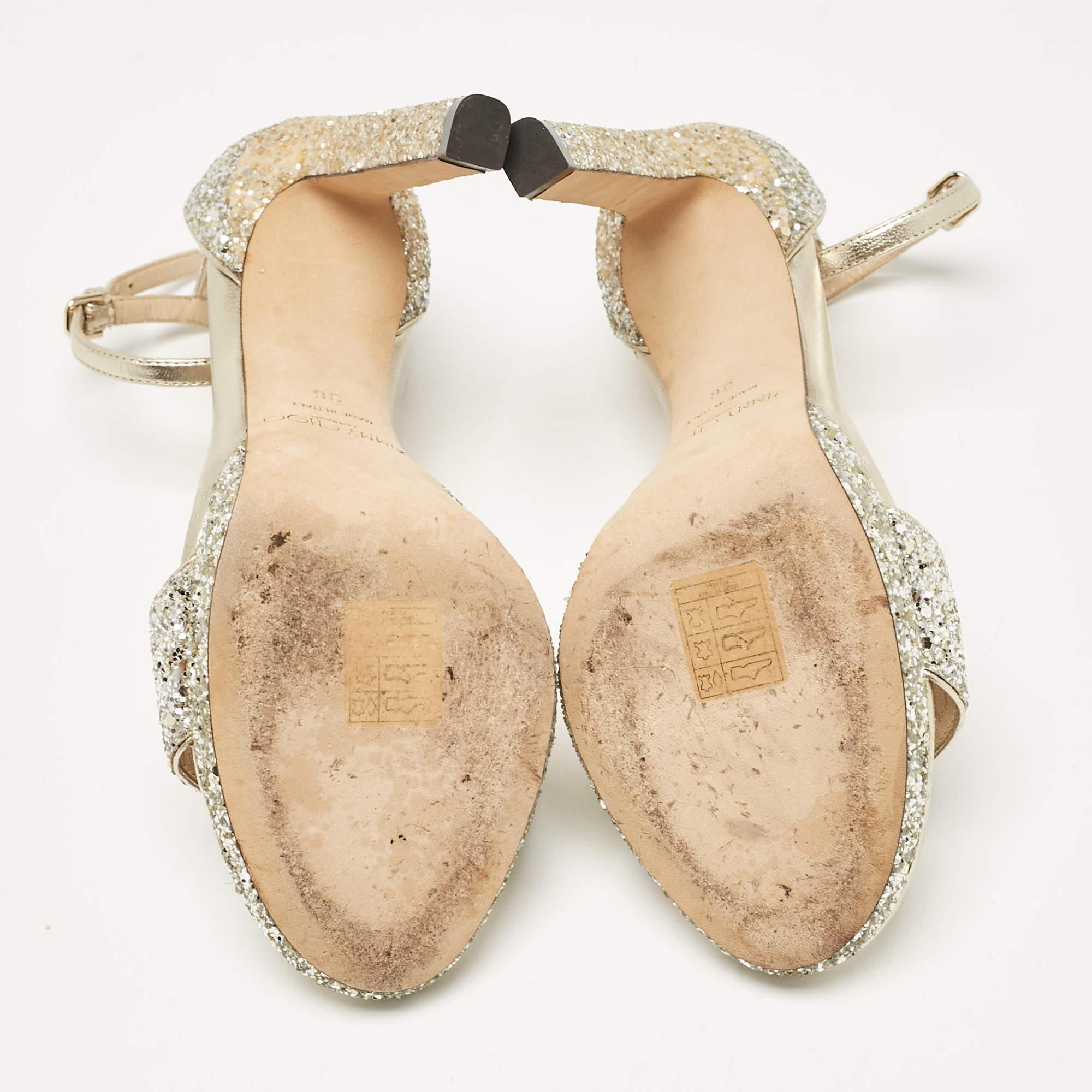 Jimmy Choo Gold/Silver Glitter and Leather Misty Ankle Strap Sandals Size 36 For Sale 1