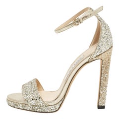 Used Jimmy Choo Gold/Silver Glitter and Leather Misty Ankle Strap Sandals Size 36
