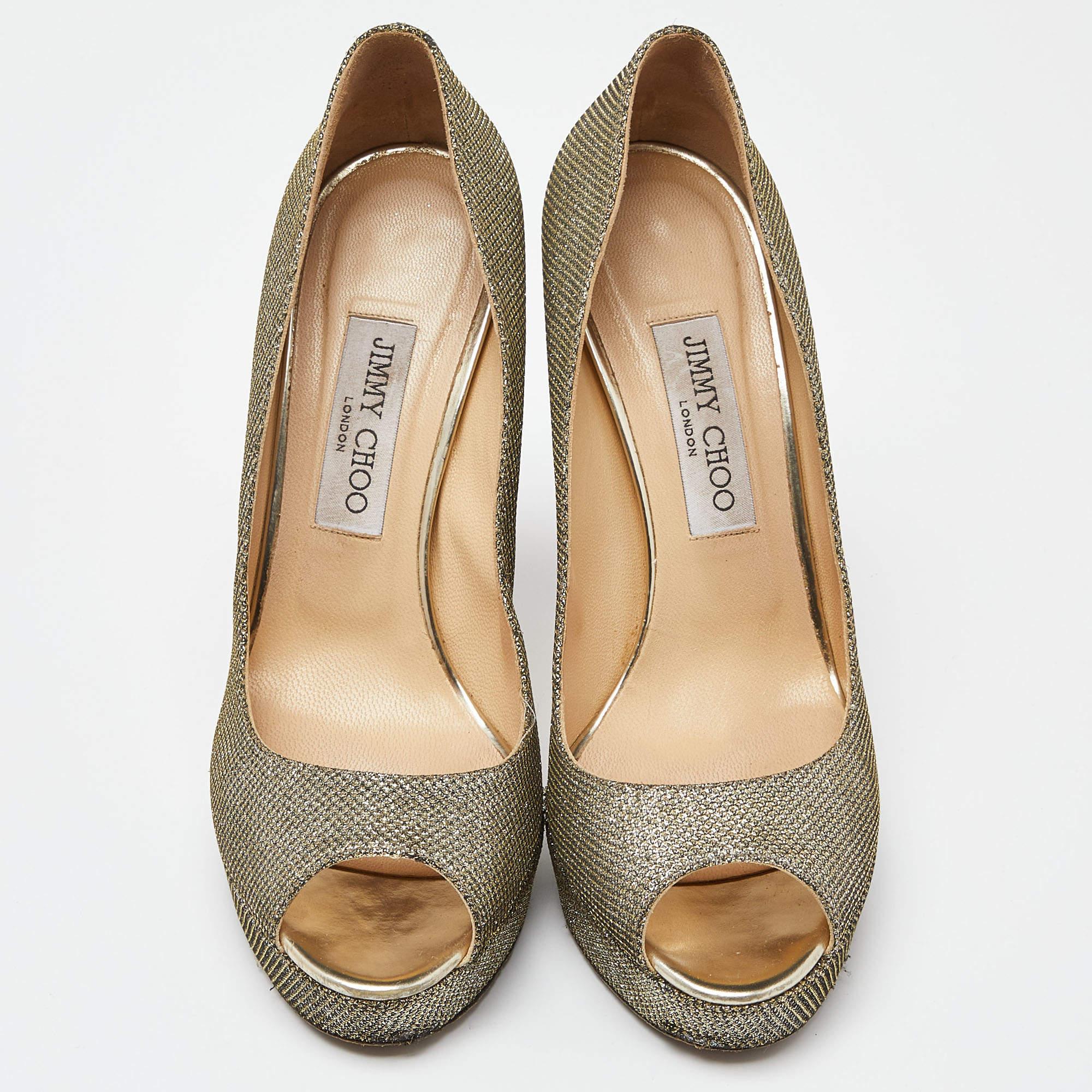Brown Jimmy Choo Gold/Silver Glitter Fabric Dahlia Platform Pumps Size 39.5 For Sale
