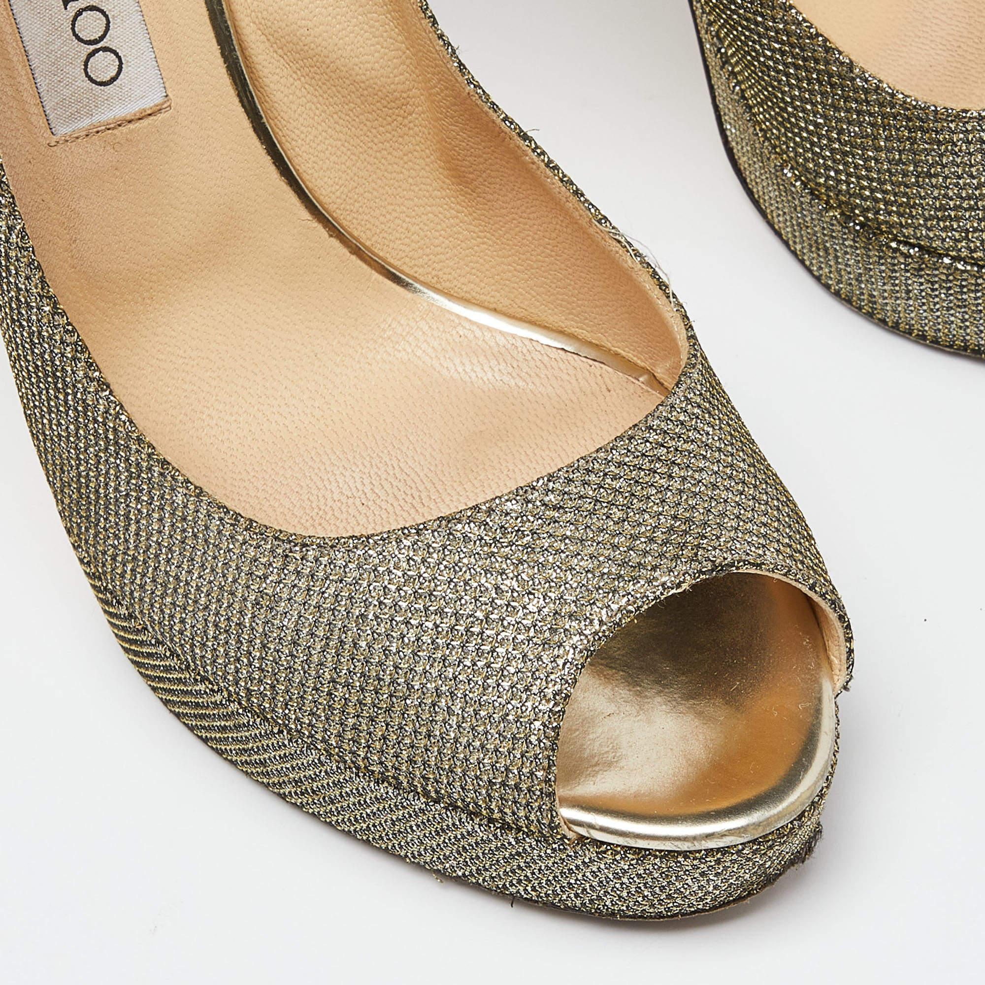 Jimmy Choo Gold/Silver Glitter Fabric Dahlia Platform Pumps Size 39.5 For Sale 2