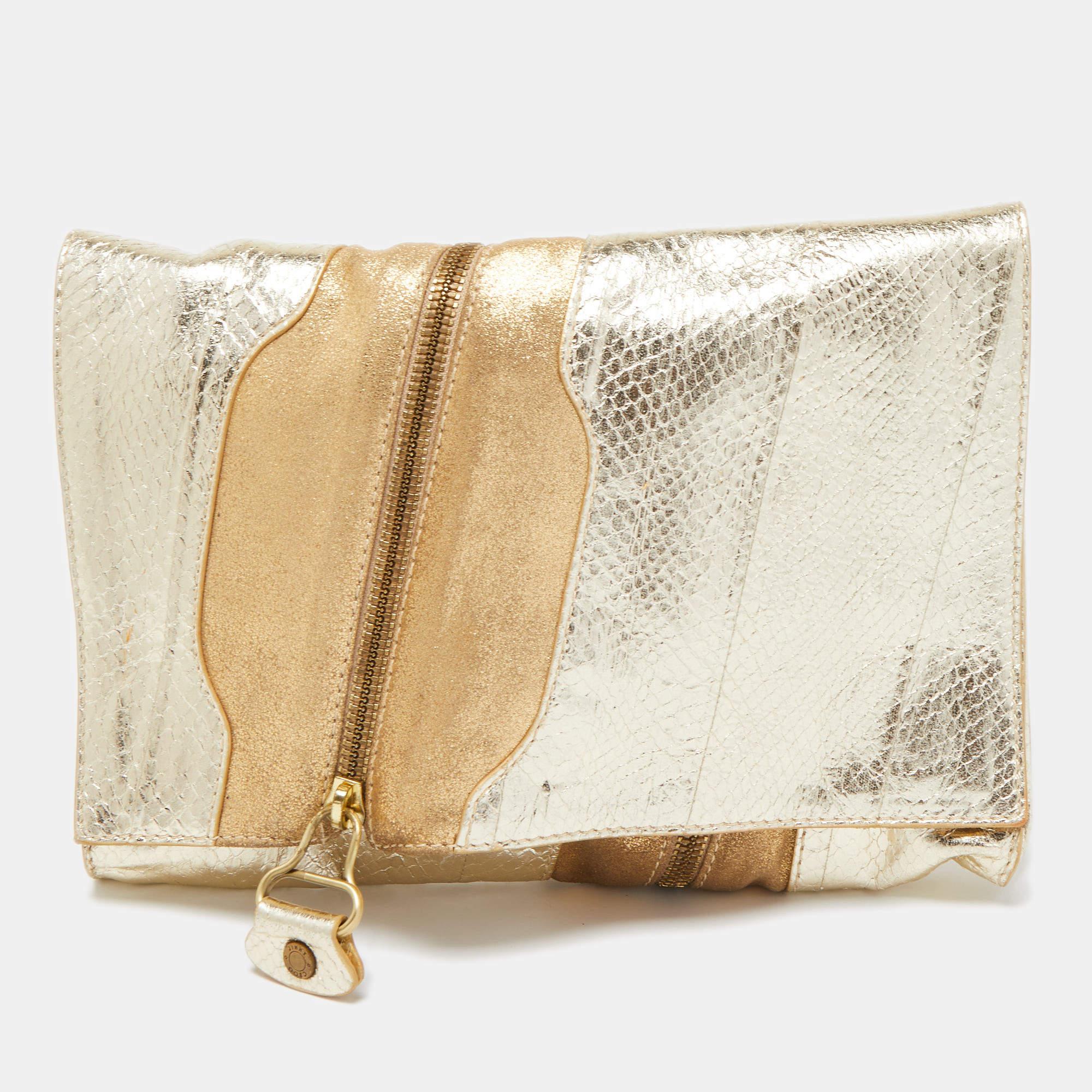 Jimmy Choo Gold Snakeskin and Laminated Suede Martha Clutch 5