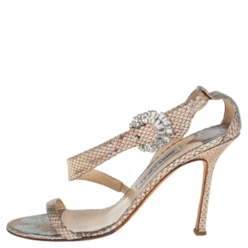 Brown Jimmy Choo Gold Snakeskin Open Toe Sandals Size 39.5 For Sale