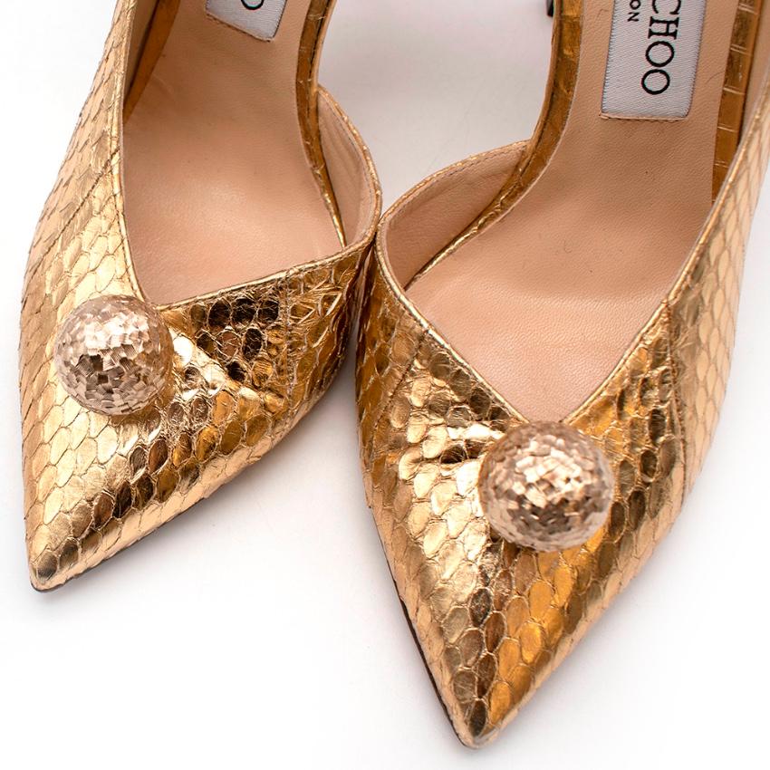 Women's or Men's Jimmy Choo Gold Snakeskin Sandria 100 Embellished Metallic Pumps - Size 37