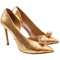 Jimmy Choo Gold Snakeskin Sandria 100 Embellished Metallic Pumps - Size 37