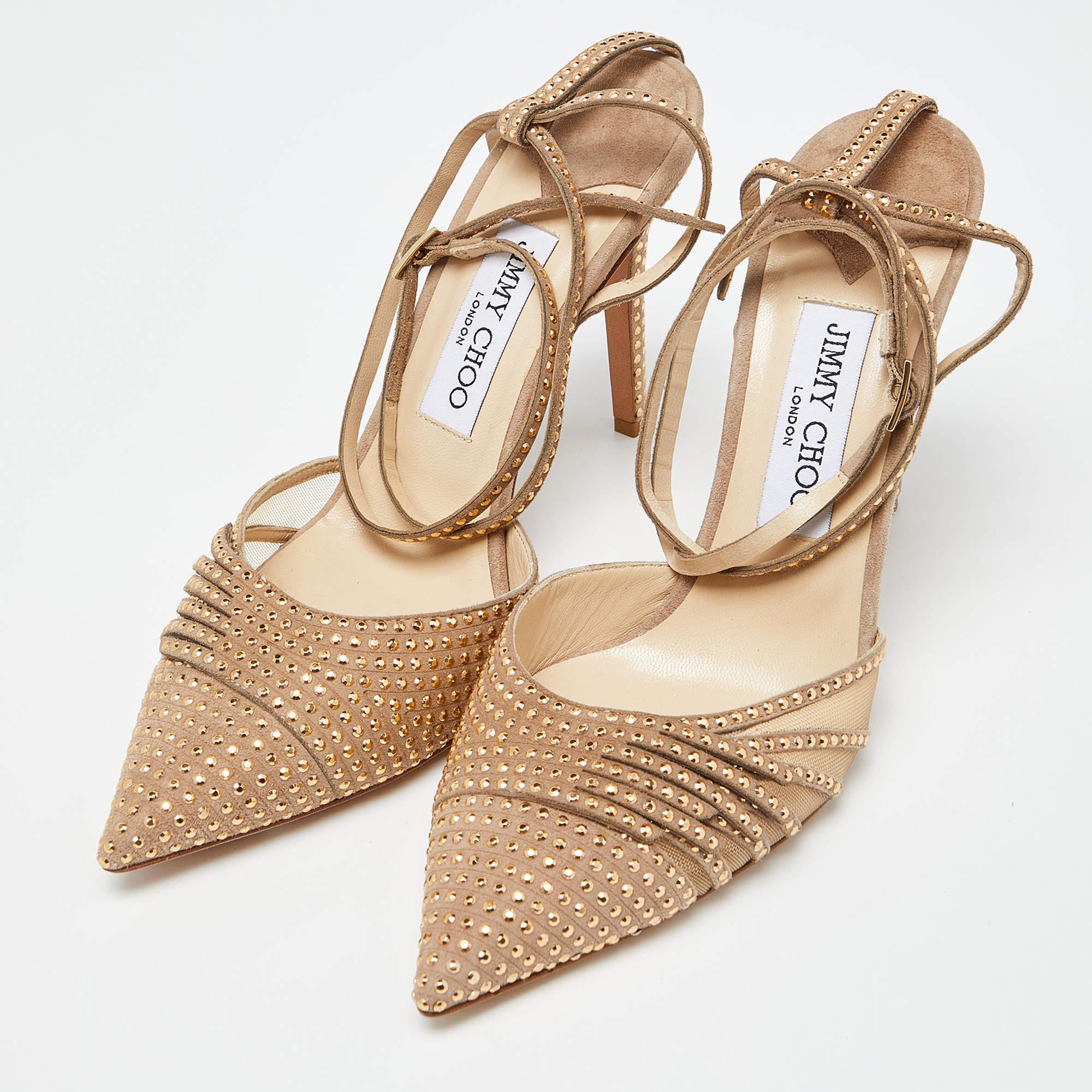 Women's Jimmy Choo Gold Suede Kizzy-100 Embellished Pumps Size 38.5 For Sale