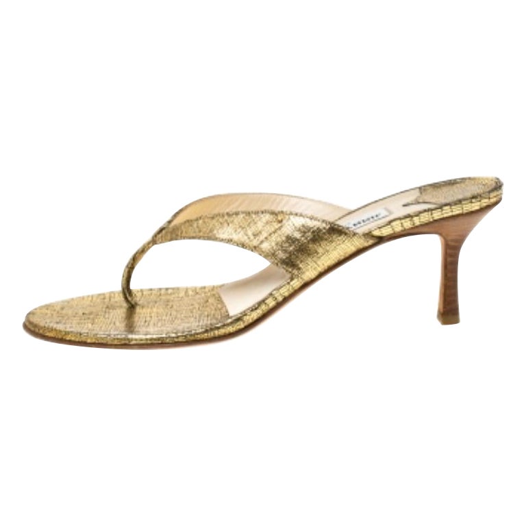 Jimmy Choo Gold Textured Leather Thong Wooden Heel Sandals Size 39.5