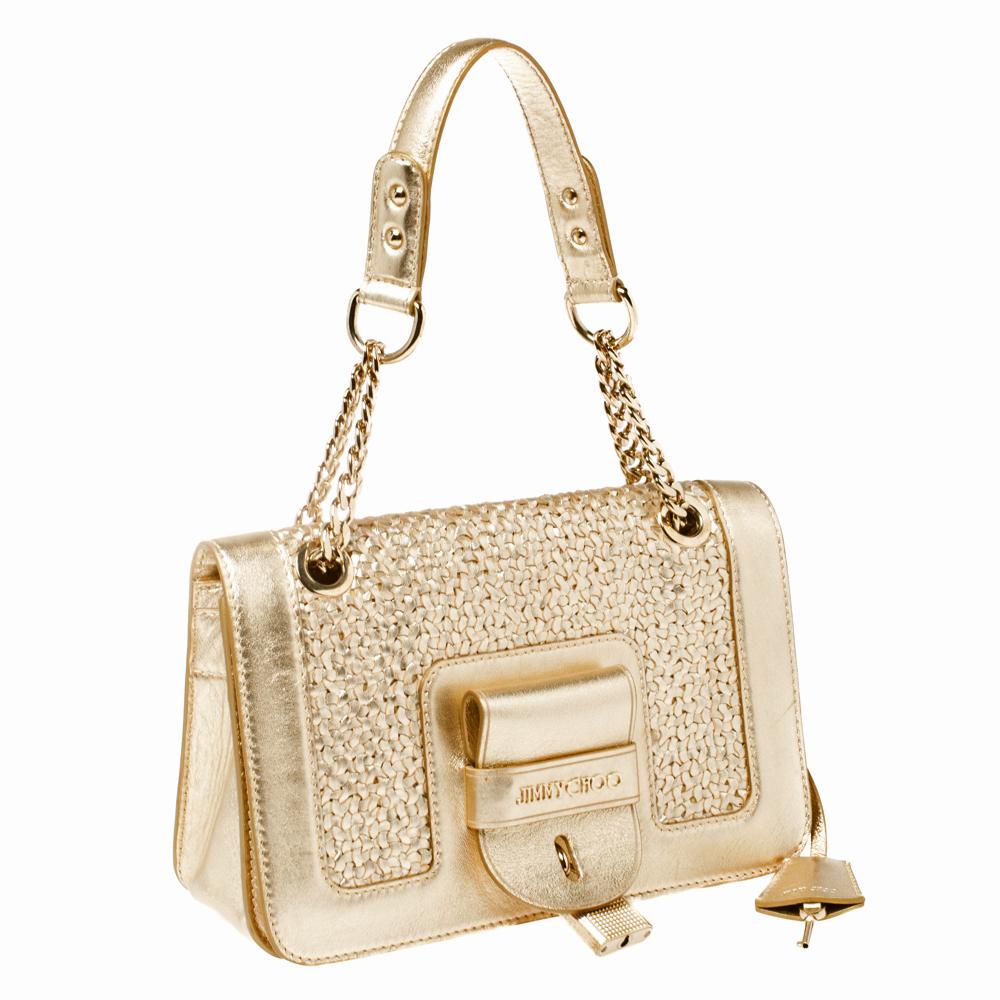 Bolso de hombro con solapa y candado de piel tejida dorada de Jimmy Choo Oro