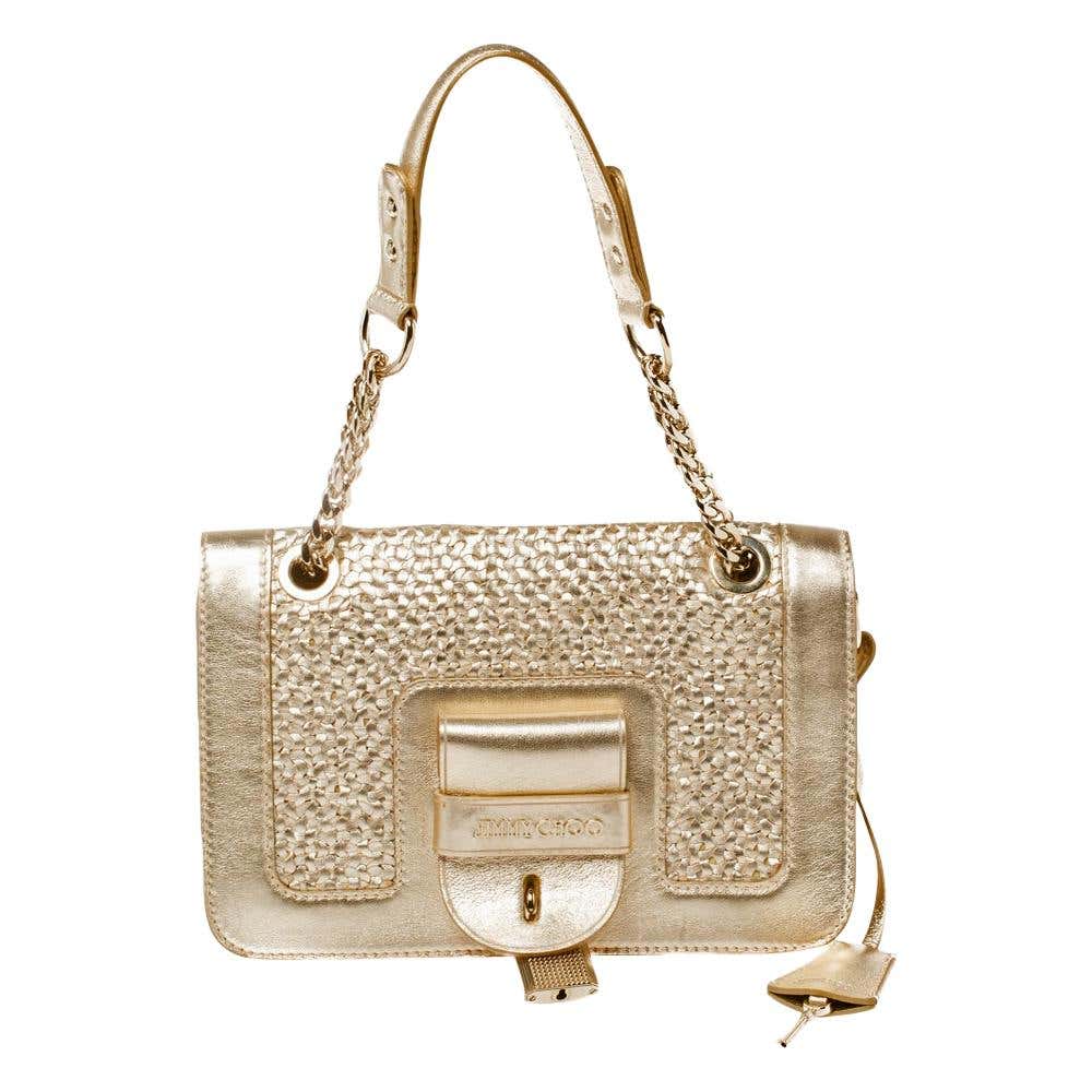 Jimmy Choo Gold Woven Leather Padlock Flap Shoulder Bag For Sale at ...