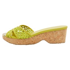 Jimmy Choo Green Leather and Raffia Panna Cork Slides Size 39