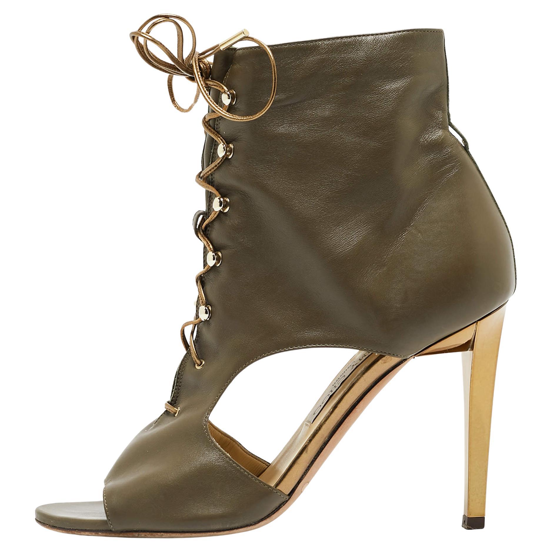 Jimmy Choo Green Leather Lace Up Ankle Boots Size 38 For Sale