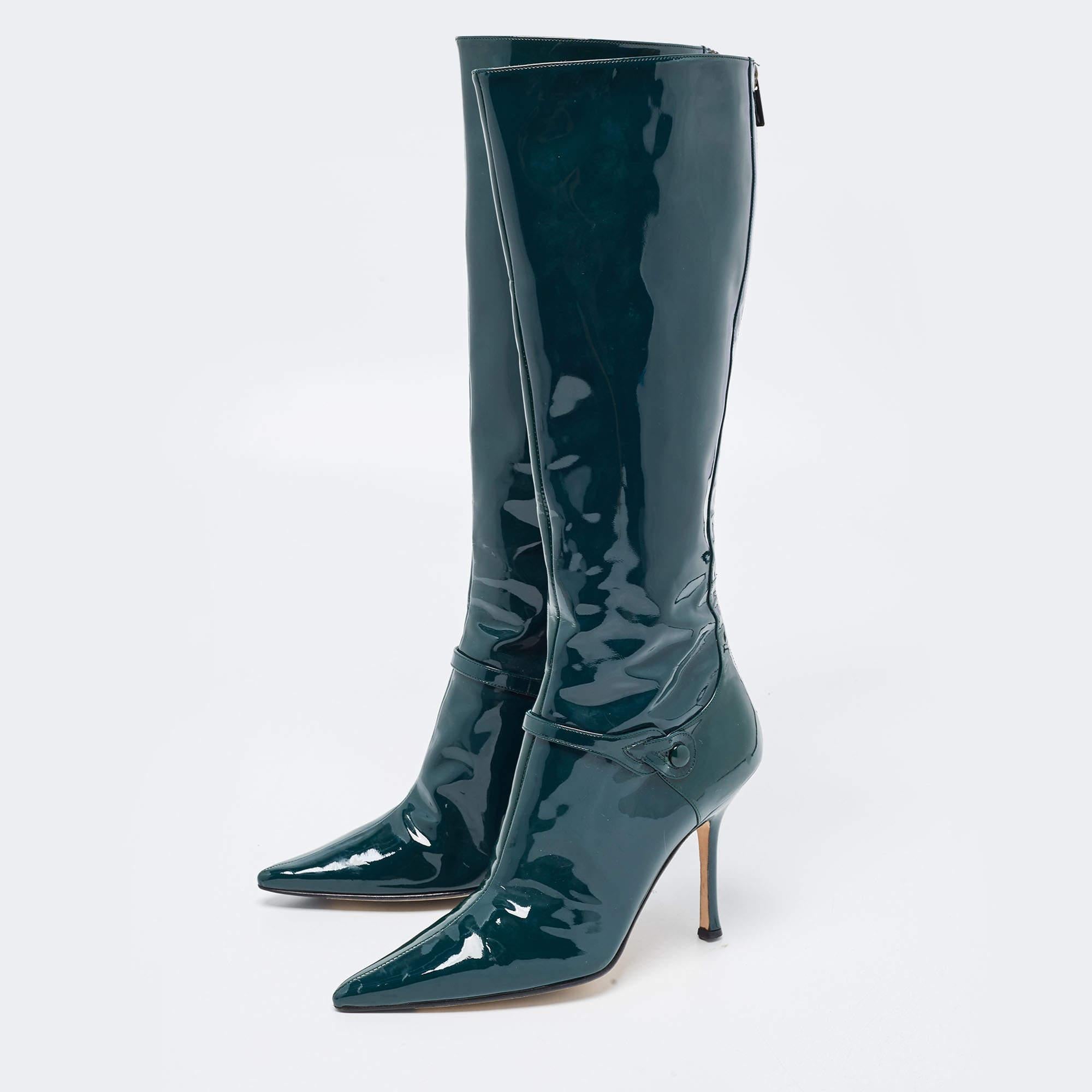 Jimmy Choo Green Patent Leather Calf Length Boots Size 37.5 In Good Condition In Dubai, Al Qouz 2
