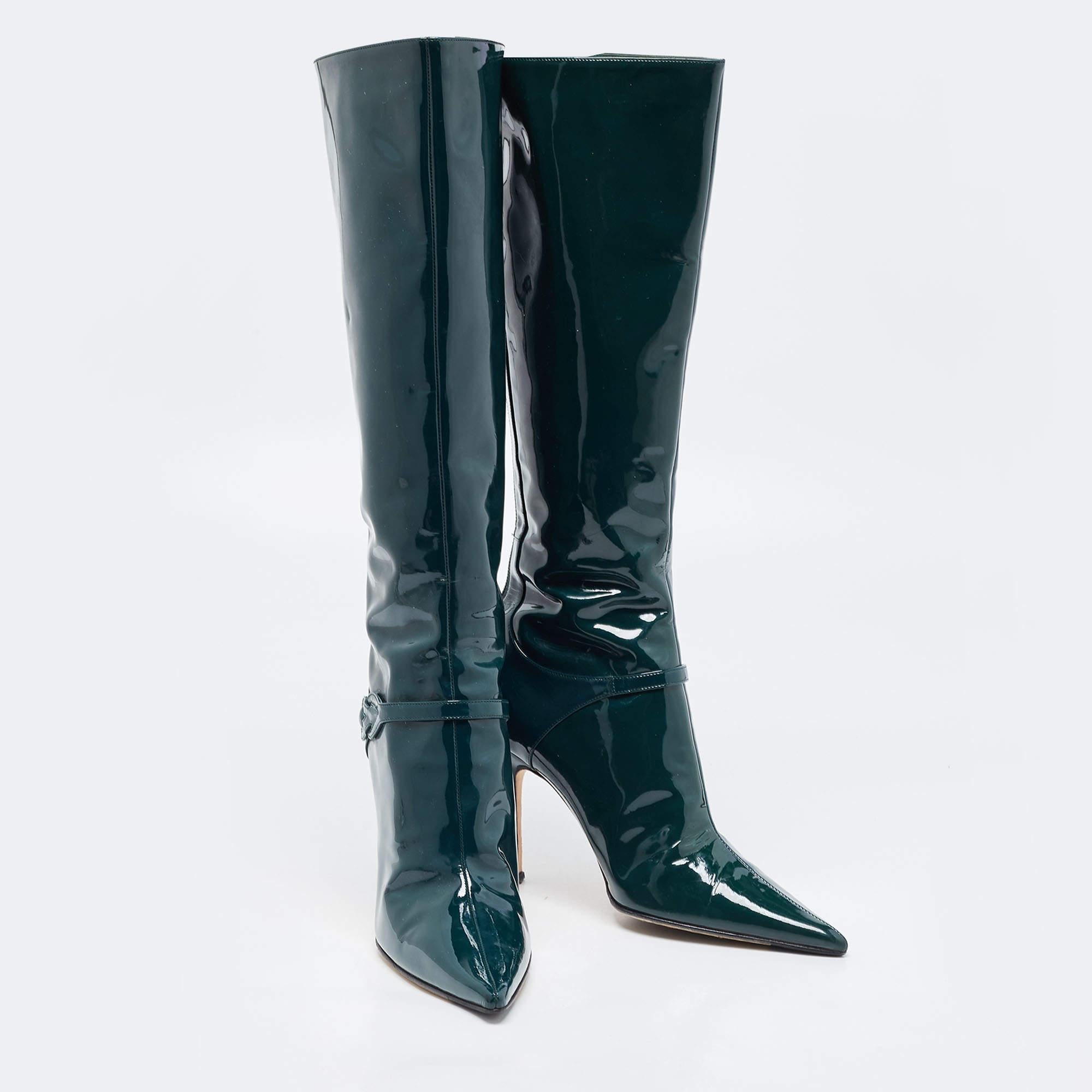 Women's Jimmy Choo Green Patent Leather Calf Length Boots Size 37.5