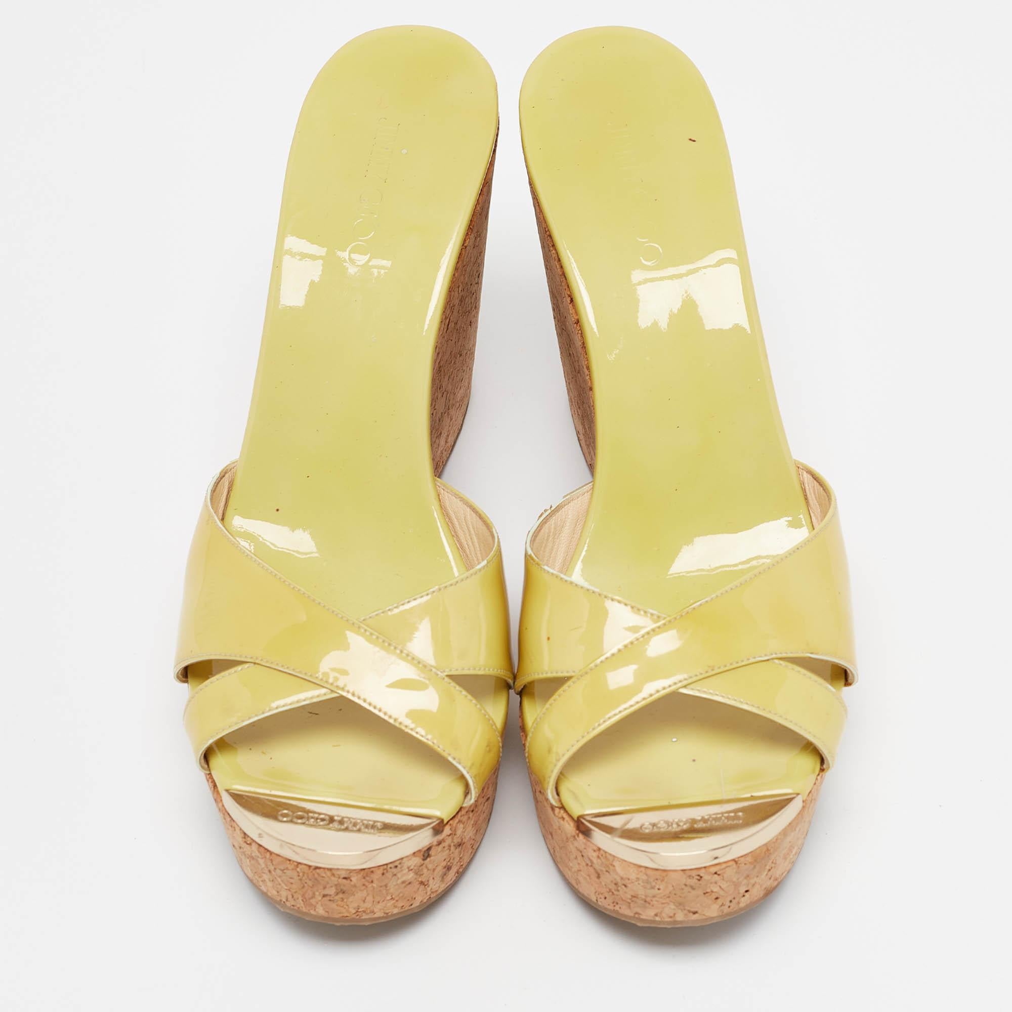 Brown Jimmy Choo Green Patent Leather Prima Wedge Sandals Size 40