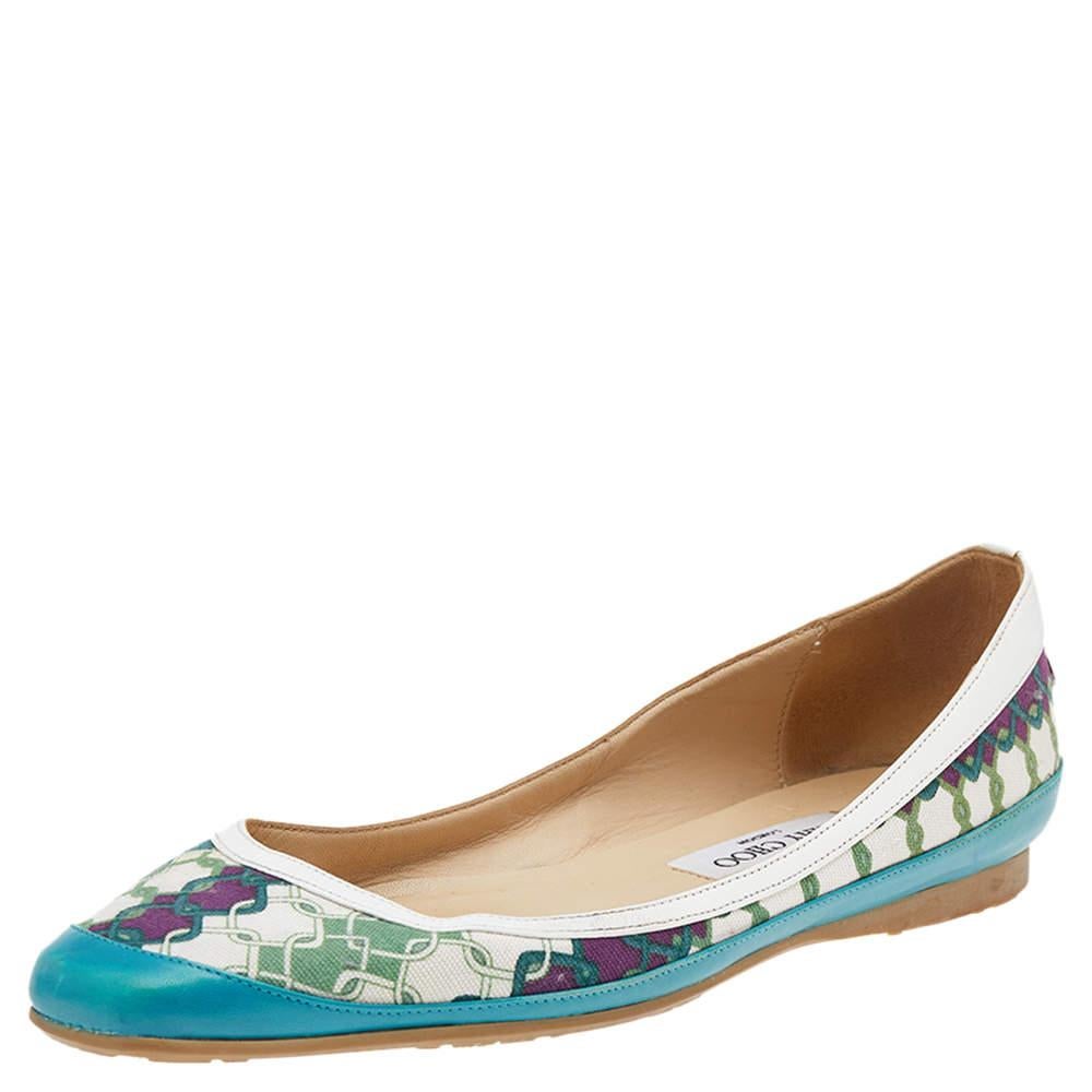 These beautiful Jimmy Choo flats are perfect for long hours of use and just chic enough to wear to work. Constructed using printed canvas and leather, these shoes feature comfortable insoles and sturdy outsoles.

