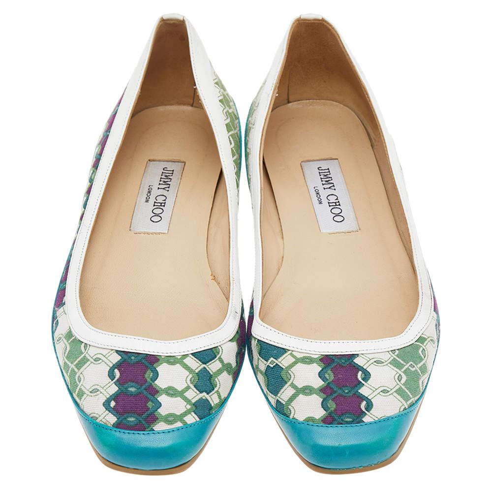 Brown Jimmy Choo Green Printed Canvas And Leather Flats Size 39 For Sale