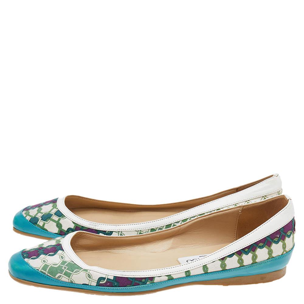 Women's Jimmy Choo Green Printed Canvas And Leather Flats Size 39 For Sale
