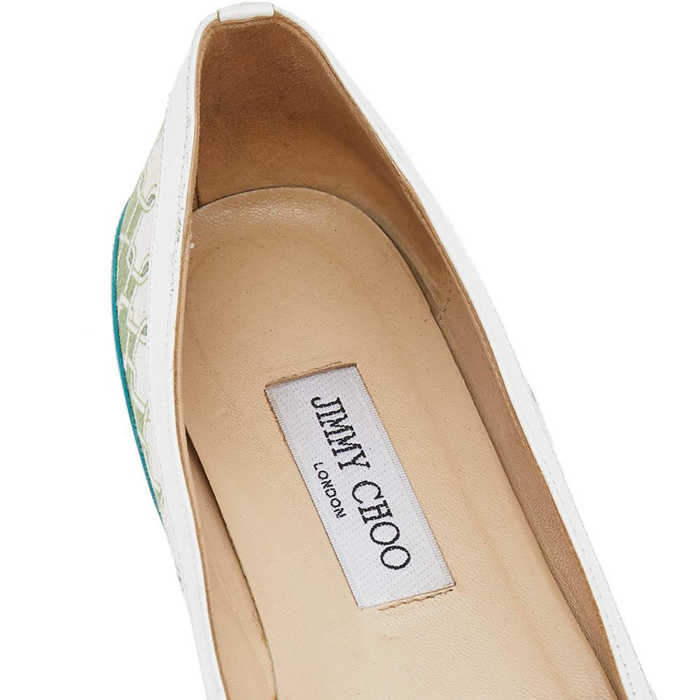 Jimmy Choo Green Printed Canvas And Leather Flats Size 39 For Sale 1