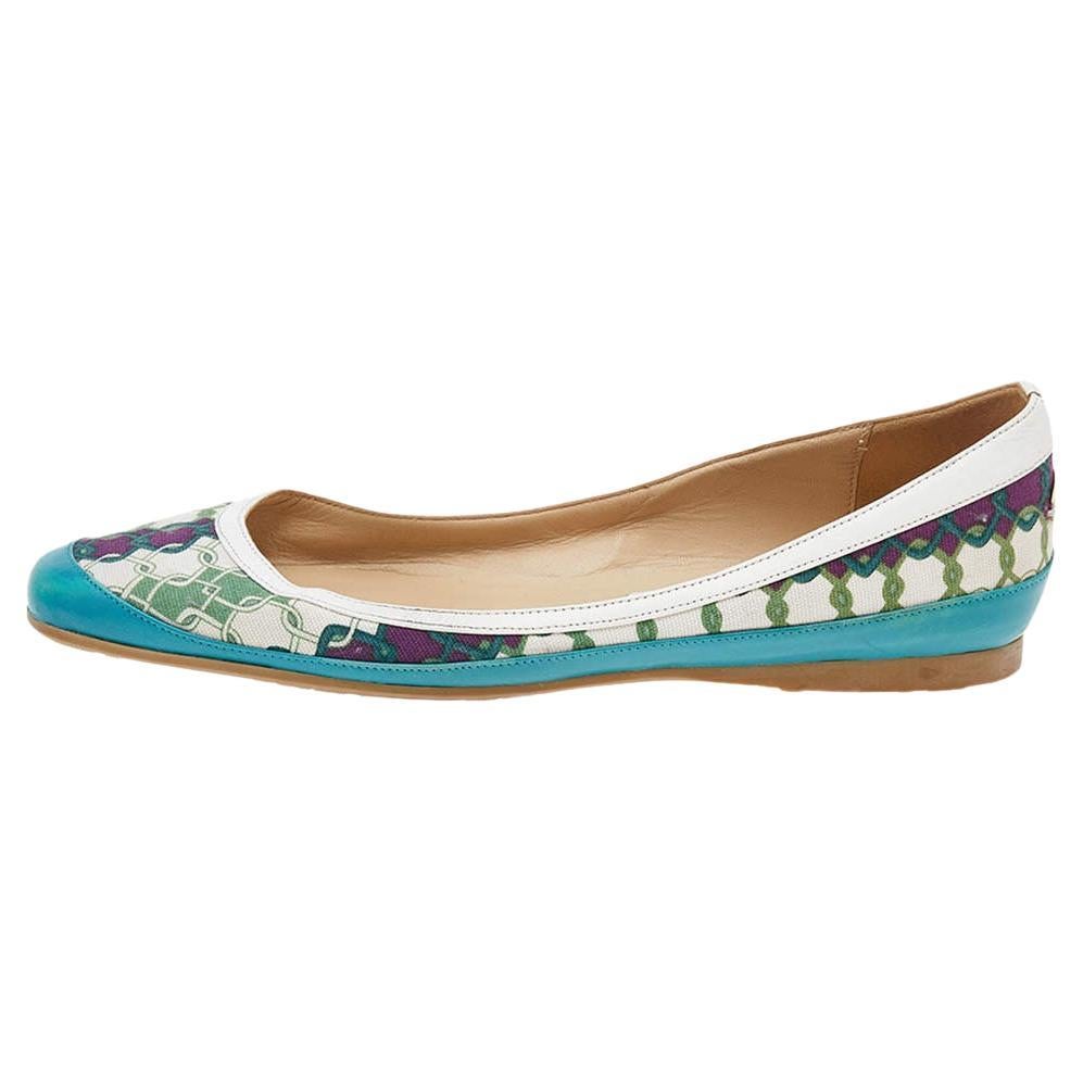 Jimmy Choo Green Printed Canvas And Leather Flats Size 39 For Sale