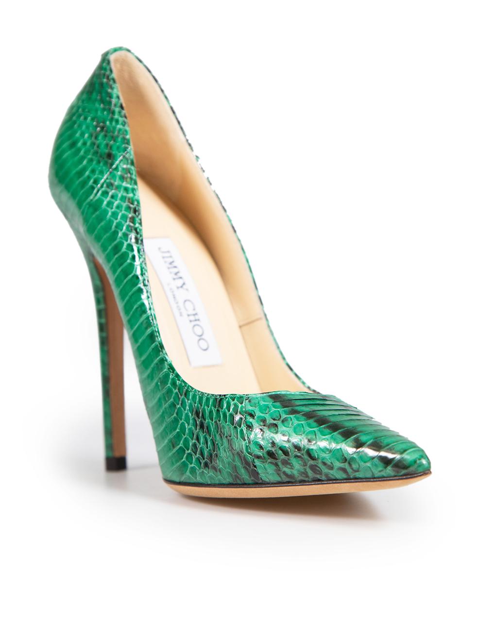 CONDITION is Never worn. No visible wear to pumps is evident on this new Jimmy Choo designer resale item. The item comes with an original dust bag.
 Details
 Model: Anouk
 Green
 Python leather
 Pumps
 Pointed toe
 Snakeskin pattern
 Stiletto
 
 
