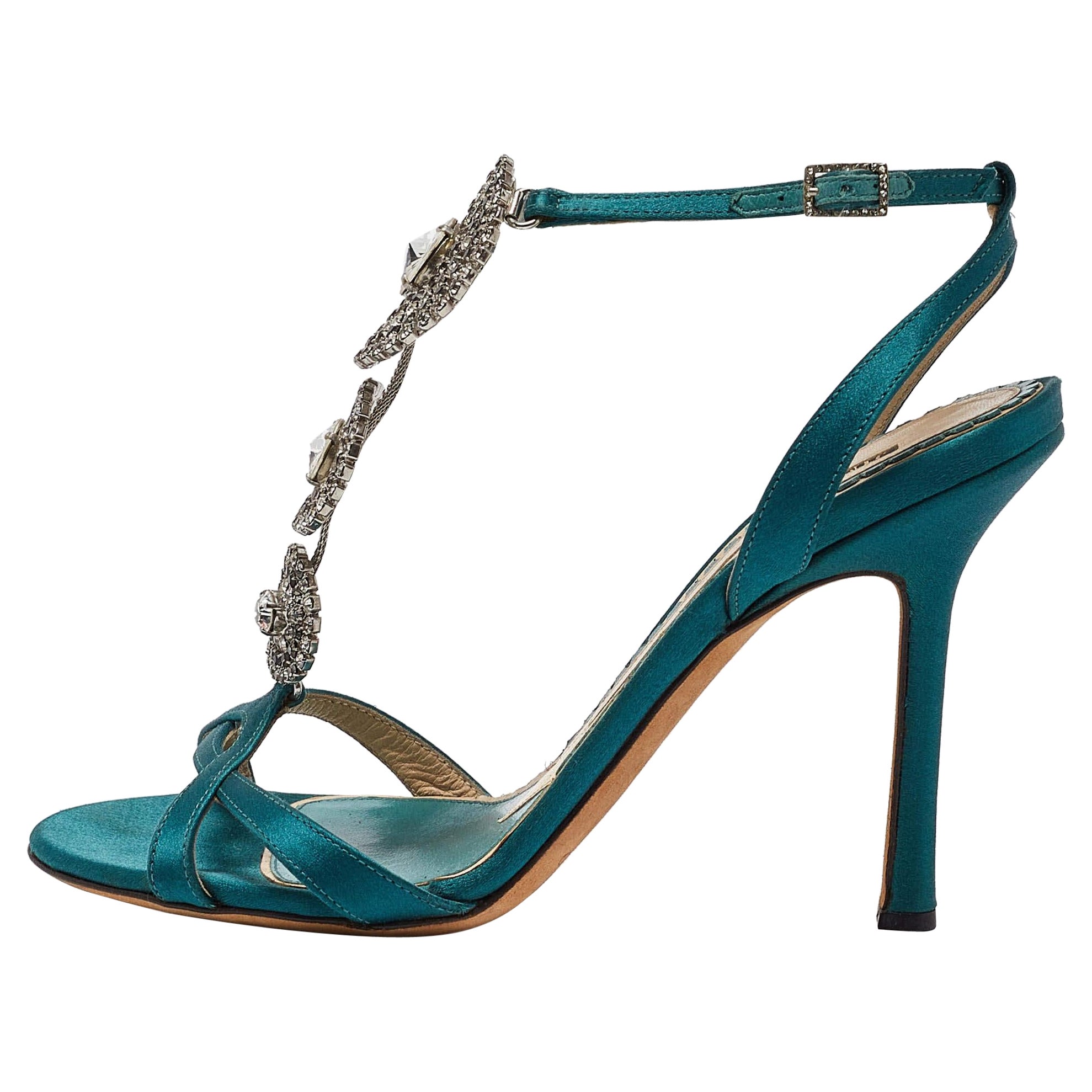 Jimmy Choo Green Satin Crystal Embellished Ankle Strap Sandals Size 37
