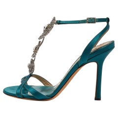 Jimmy Choo Green Satin Crystal Embellished Ankle Strap Sandals Size 37