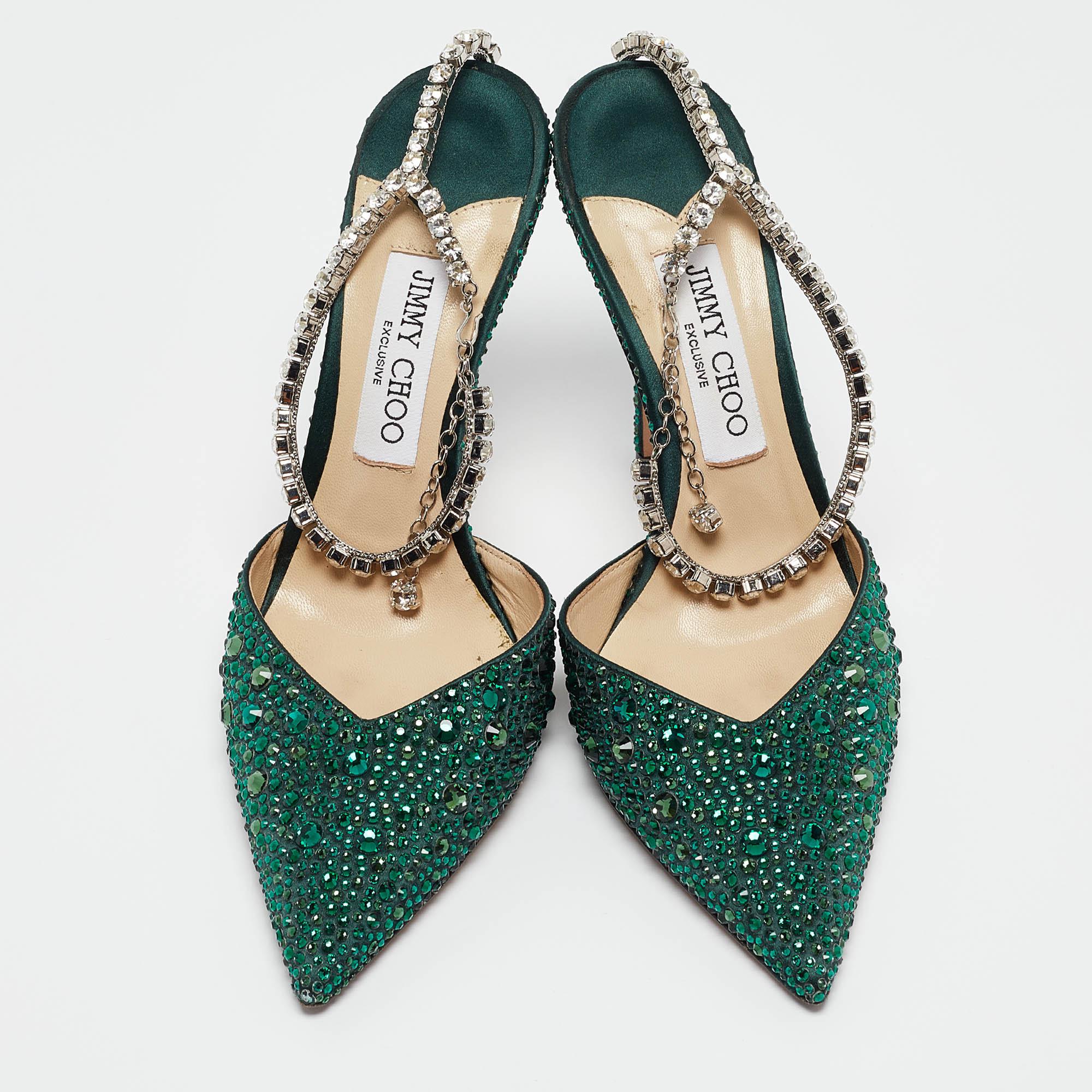 Jimmy Choo Green Satin Saeda Crystals Pumps Size 40 In Excellent Condition In Dubai, Al Qouz 2