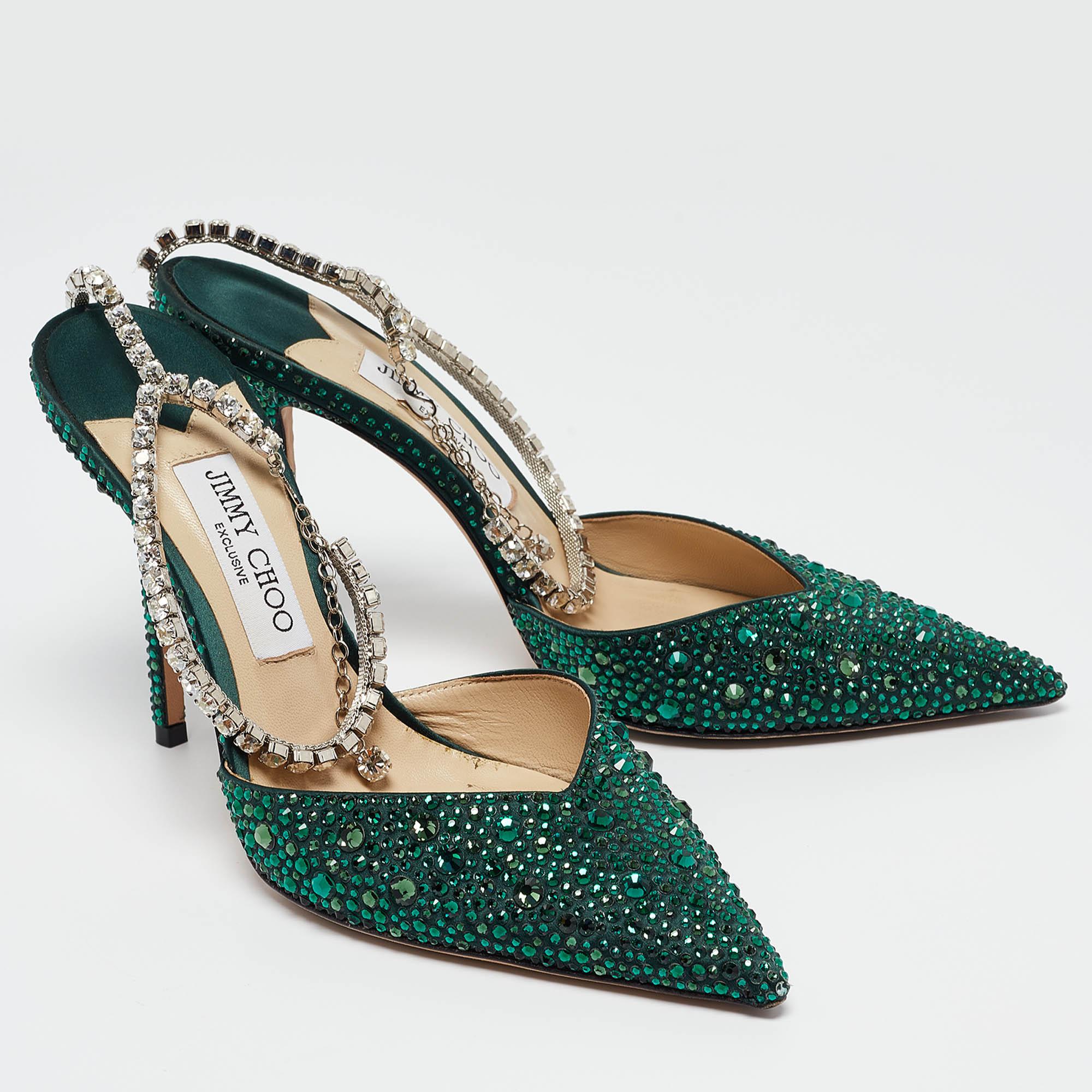 Women's Jimmy Choo Green Satin Saeda Crystals Pumps Size 40