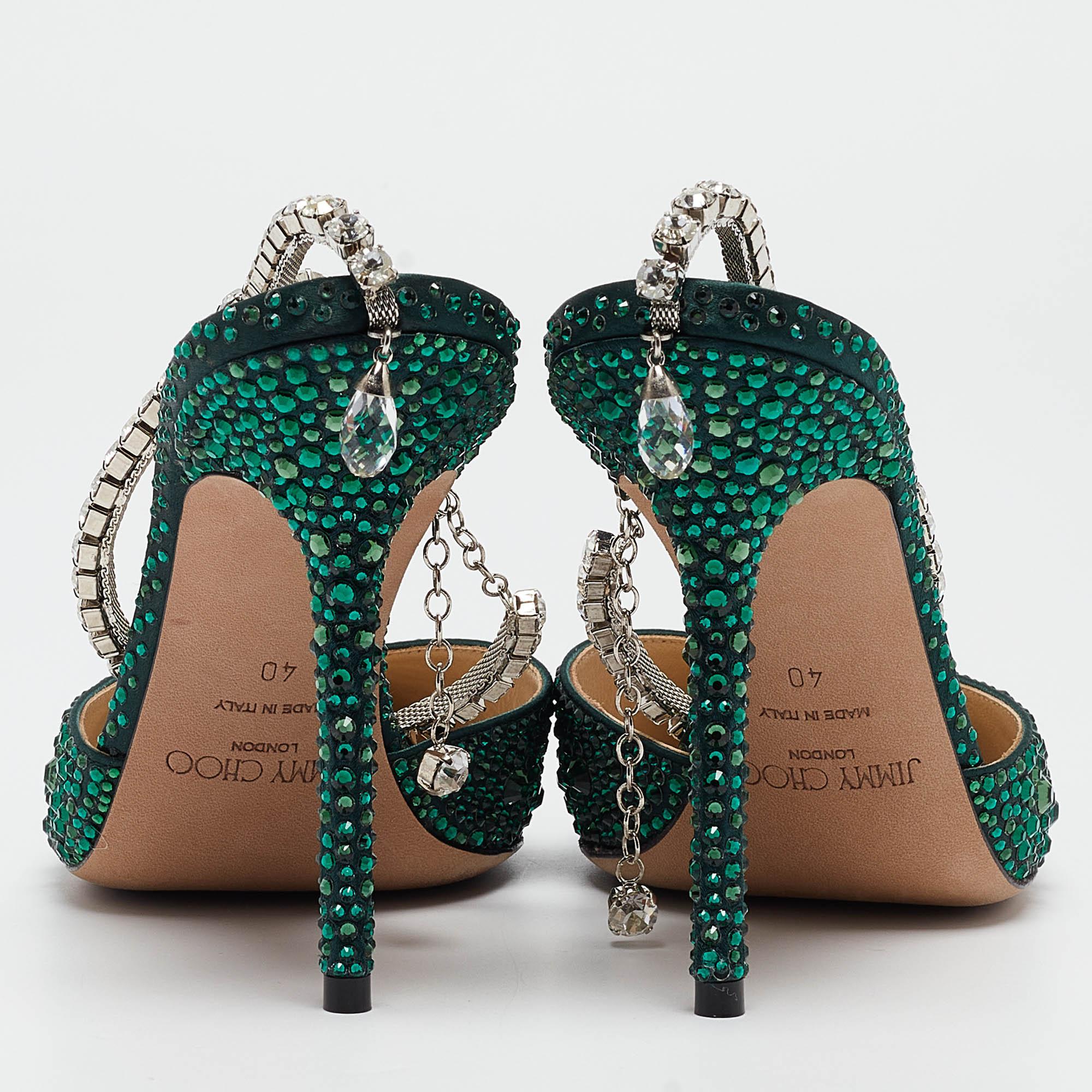 Jimmy Choo Green Satin Saeda Crystals Pumps Size 40 1