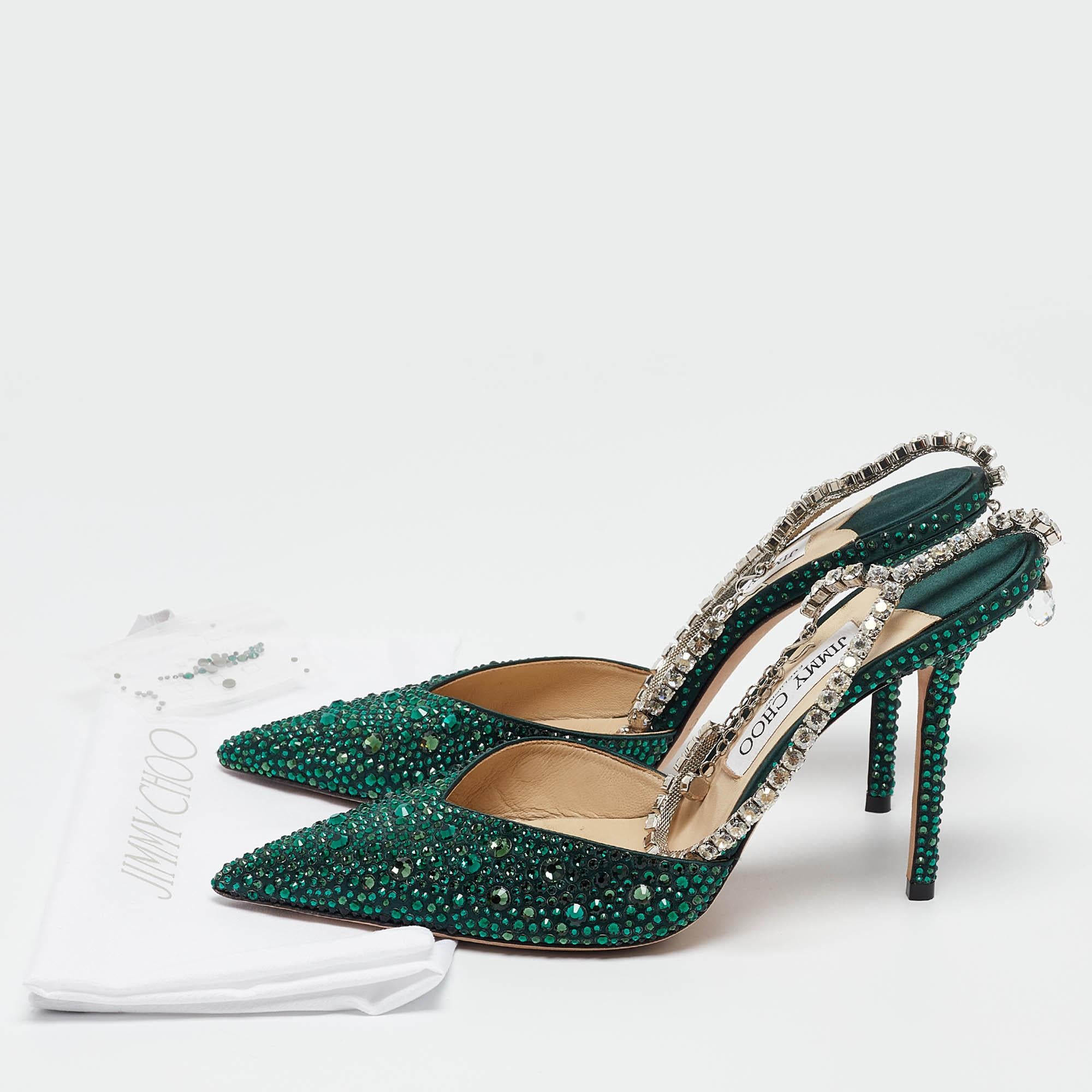 Jimmy Choo Green Satin Saeda Crystals Pumps Size 40 5