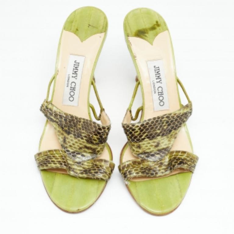 Brown Jimmy Choo Green Snakeskin Leather Slide Sandals Size 38.5 For Sale