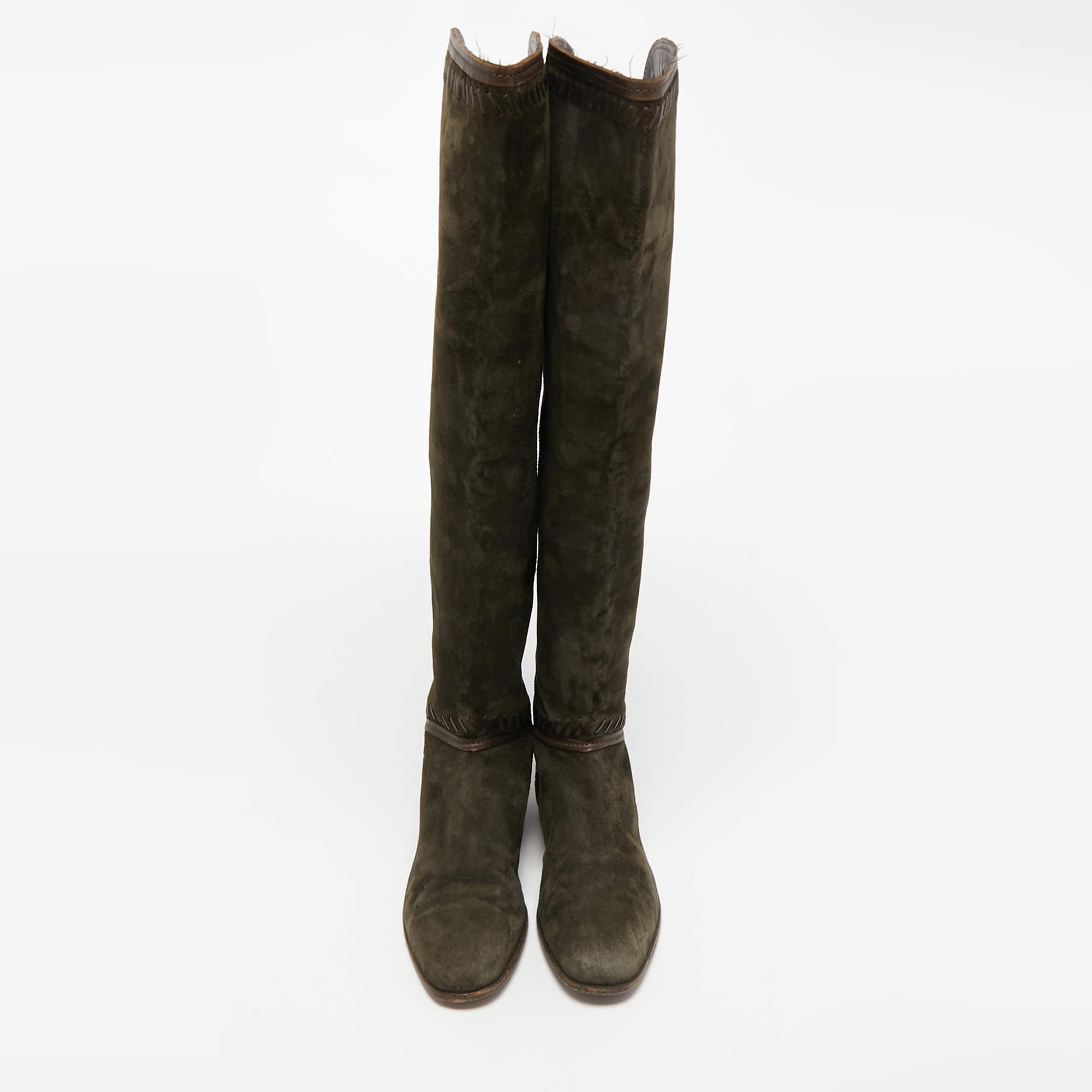 Noir Jimmy Choo - Bottes longueur genou en daim et cuir vert, taille 38 en vente