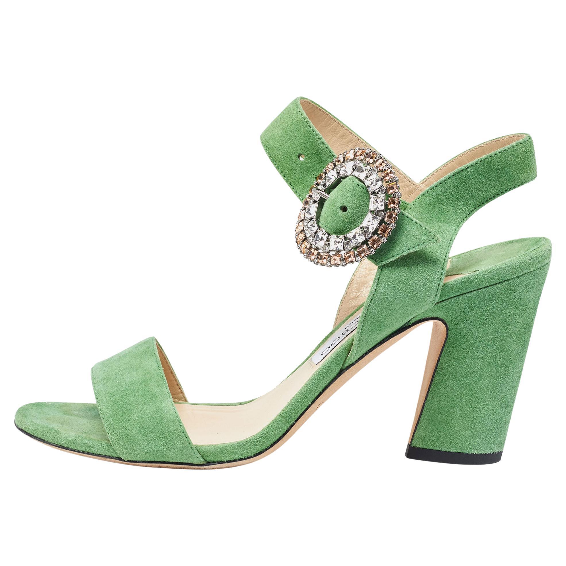 Jimmy Choo Green Suede Ankle Strap Sandals Size 38.5 For Sale