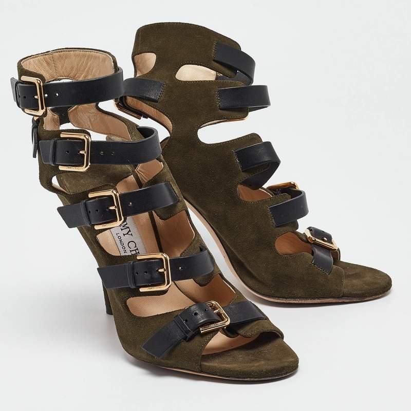 Jimmy Choo Green Suede Buckle Strappy Sandals Size 37 In Fair Condition For Sale In Dubai, Al Qouz 2