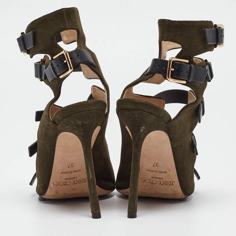 Women's Jimmy Choo Green Suede Buckle Strappy Sandals Size 37 For Sale