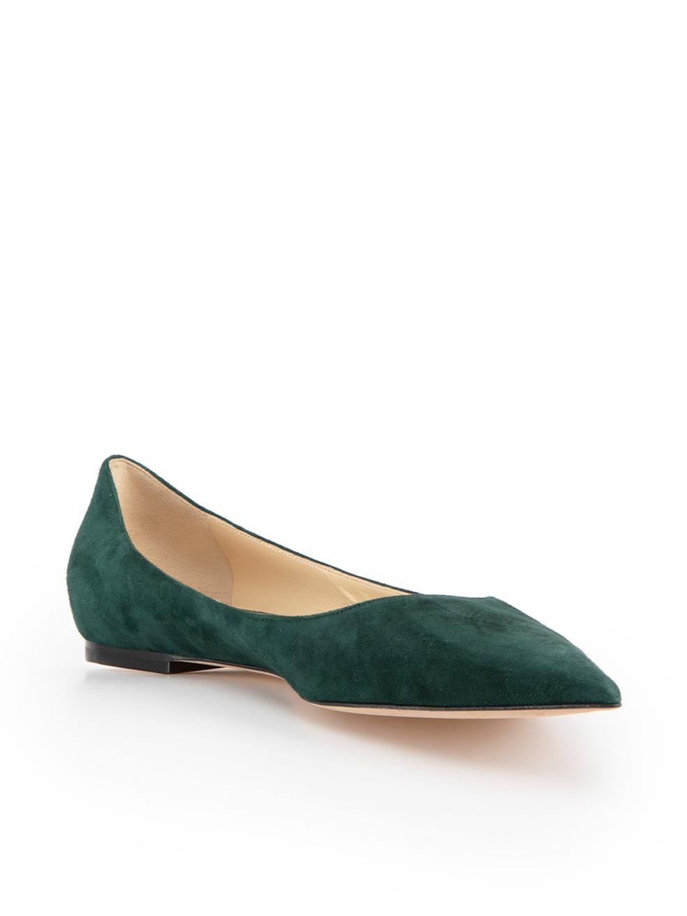 CONDITION is Very good. Hardly any visible wear to flats is evident on this used Jimmy Choo designer resale item.
 
 Details
 Green
 Suede
 Flats
 Point toe
 Slip on
 
 
 Made in Italy
 
 Composition
 EXTERIOR: Suede
 INTERIOR: Leather
 
 Size &