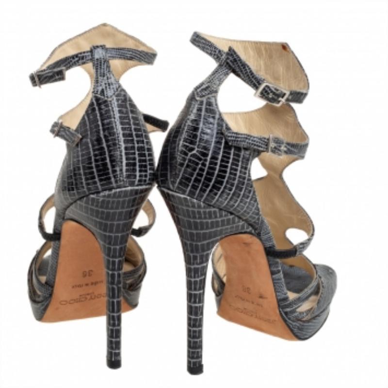 Jimmy Choo Grey Croc Embossed Leather Studded Strappy Sandals Size 36 In Good Condition For Sale In Dubai, Al Qouz 2