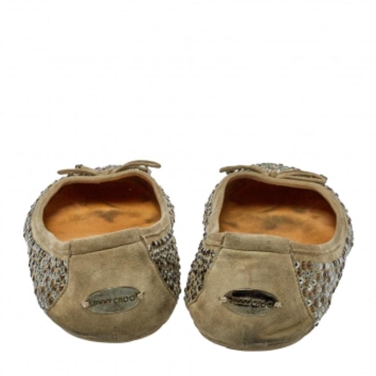 Brown Jimmy Choo Grey Crystal Embellished Suede Weber Ballet Flats Size 38.5 For Sale